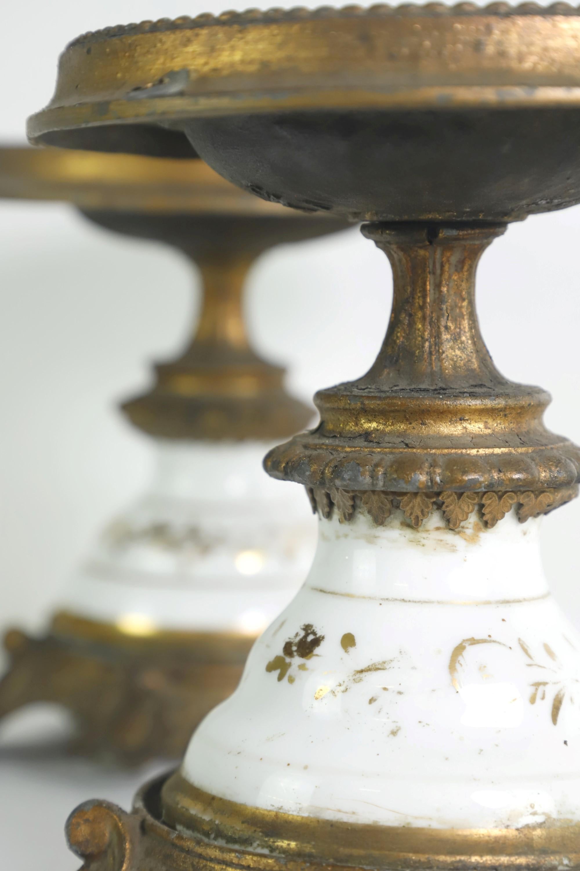 Pair of French Spelter & Ceramic Oil Lamp Holders 1