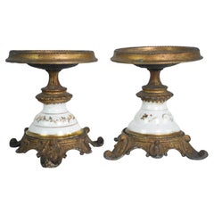 Pair of French Spelter & Ceramic Oil Lamp Holders