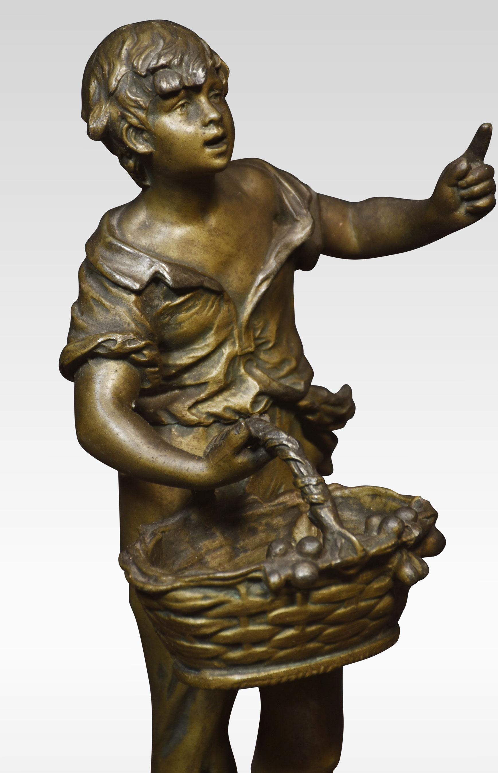 Pair Of French Spelter Figures, depicting a boy and girl selling fruit, raised up on circular stepped bases.
Dimensions
Height 11 Inches
Width 5.5 Inches
Depth 5.5 Inches