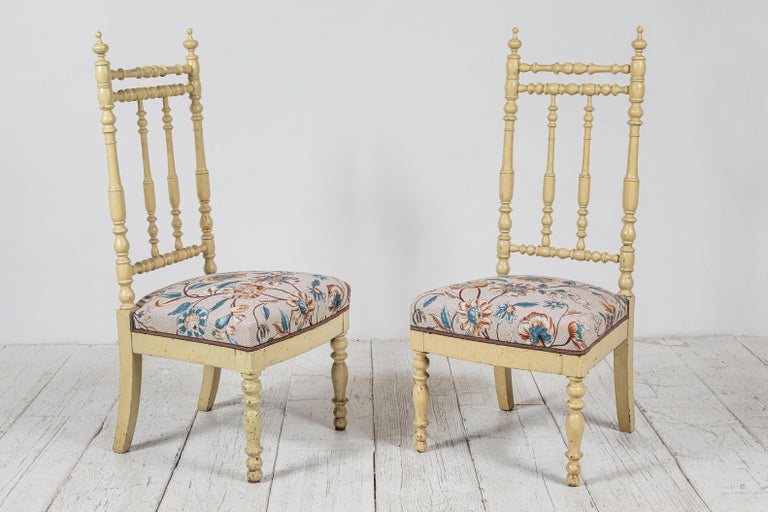 Pair of French Spindle Side Chairs with Floral Seat Cushion For Sale at