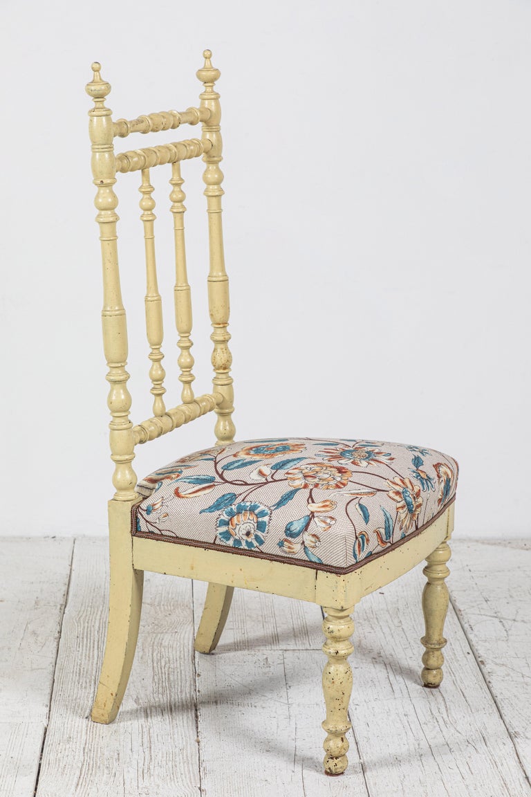 Pair of French Spindle Side Chairs with Floral Seat Cushion For Sale at
