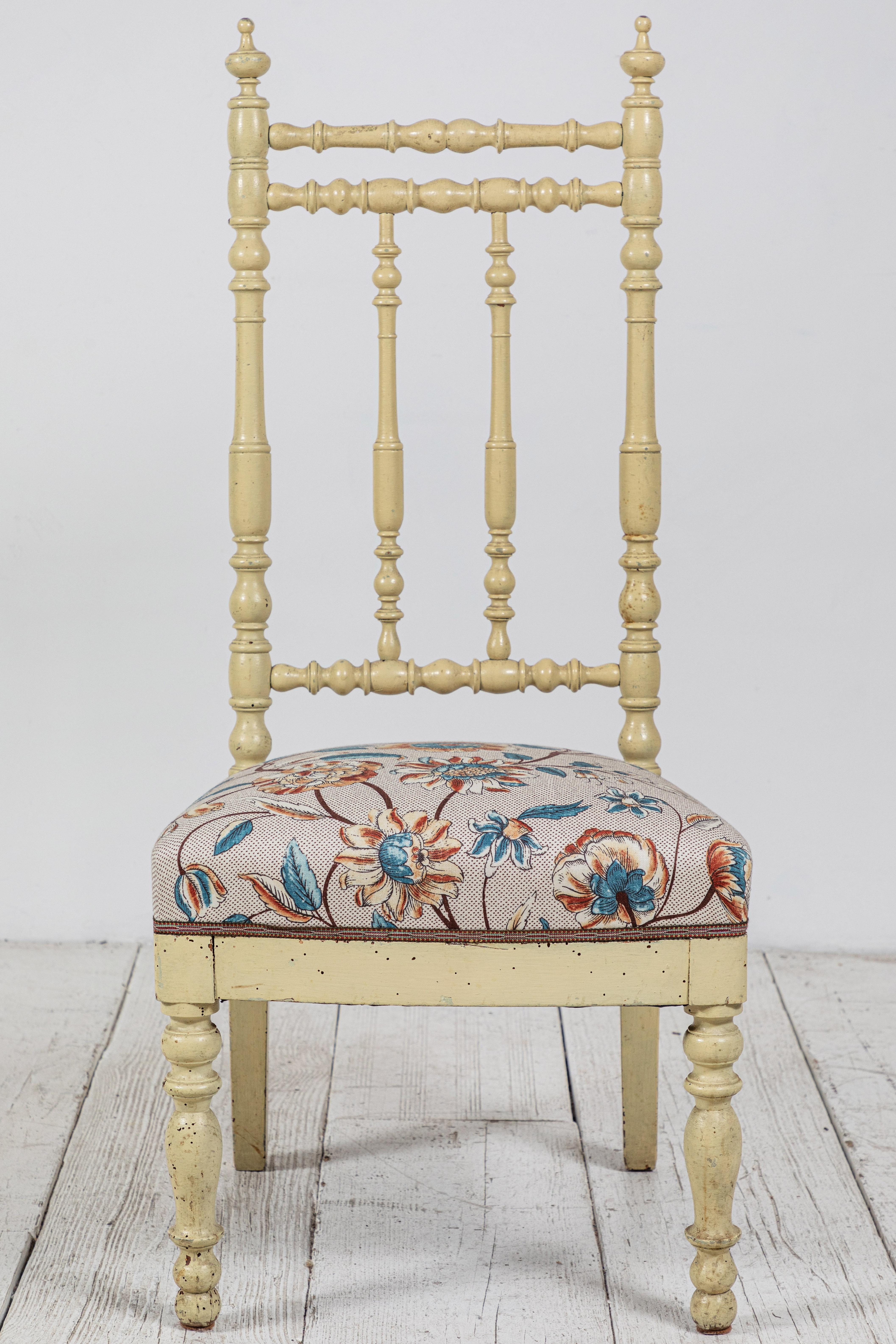 Wood Pair of French Spindle Side Chairs with Floral Seat Cushion