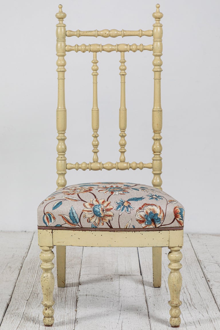 Pair of French Spindle Side Chairs with Floral Seat Cushion For Sale at