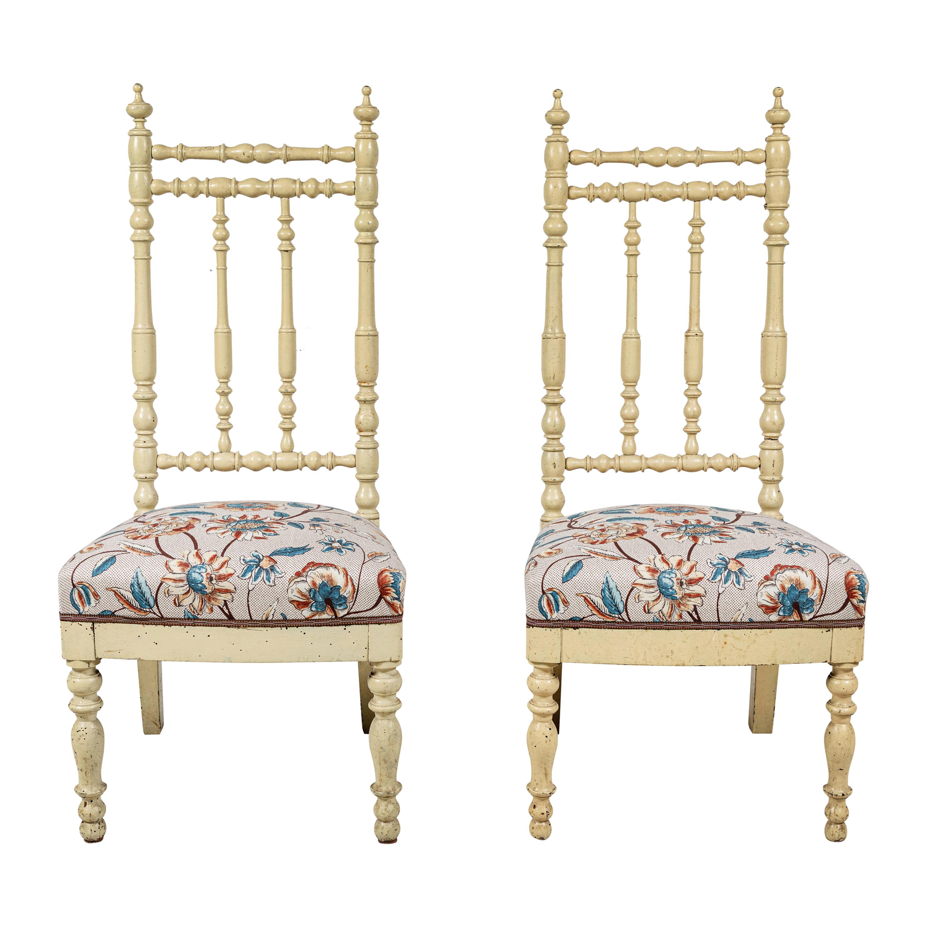 Pair of French Spindle Side Chairs with Floral Seat Cushion