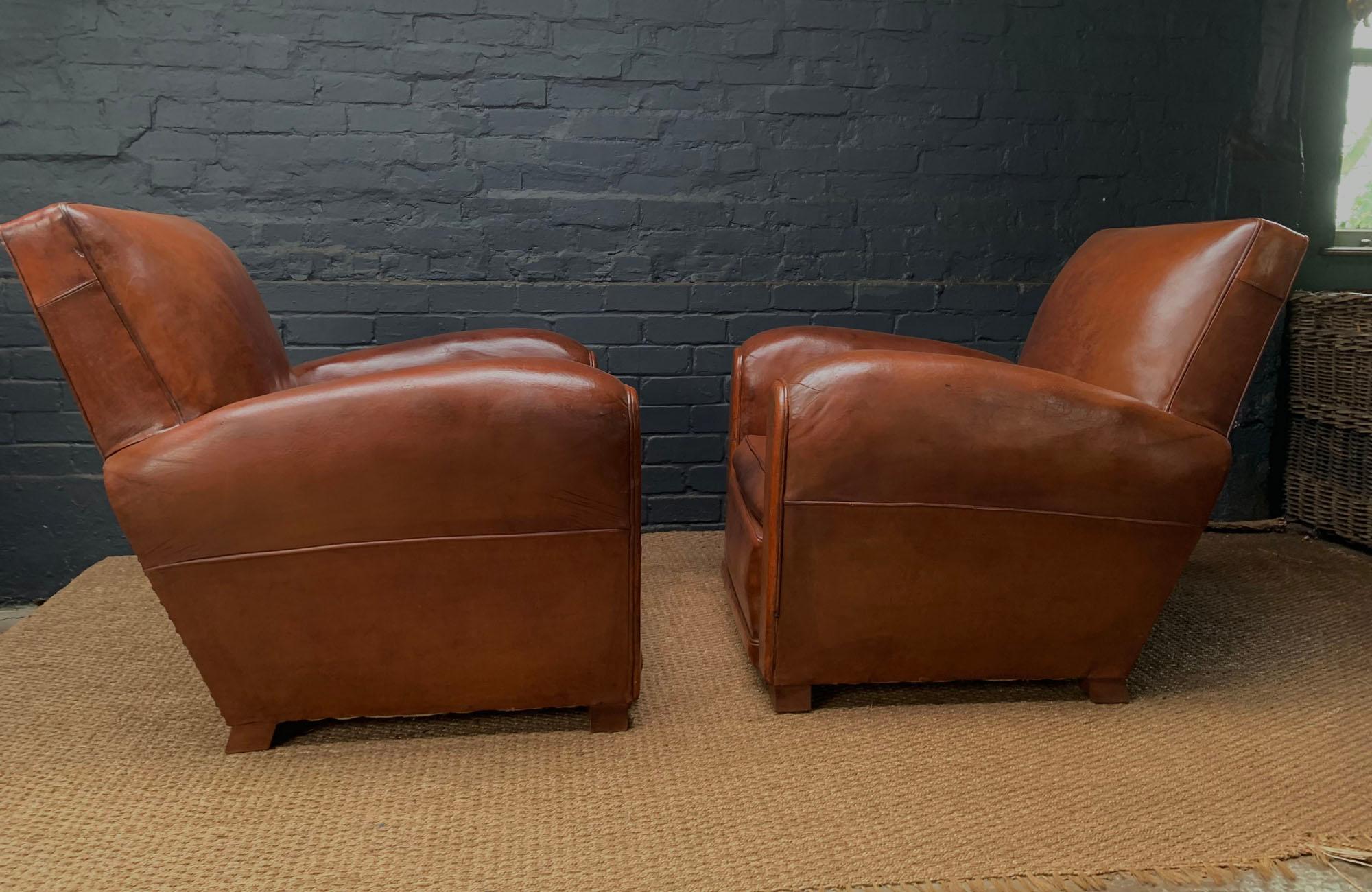 European Pair of French Square back Leather Club Chairs, circa 1920