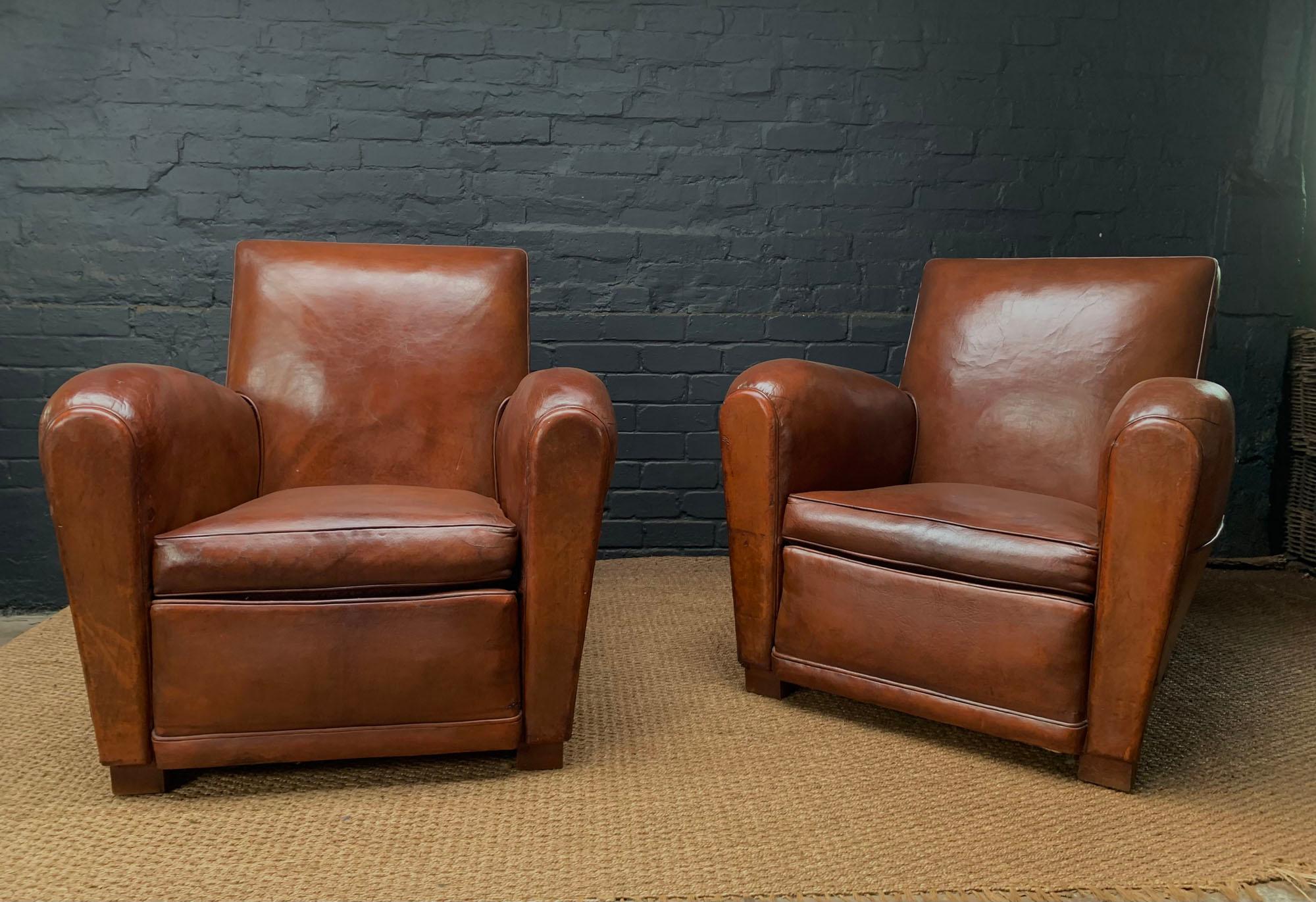 Pair of French Square back Leather Club Chairs, circa 1920 In Good Condition In Paddock Wood Tonbridge, GB