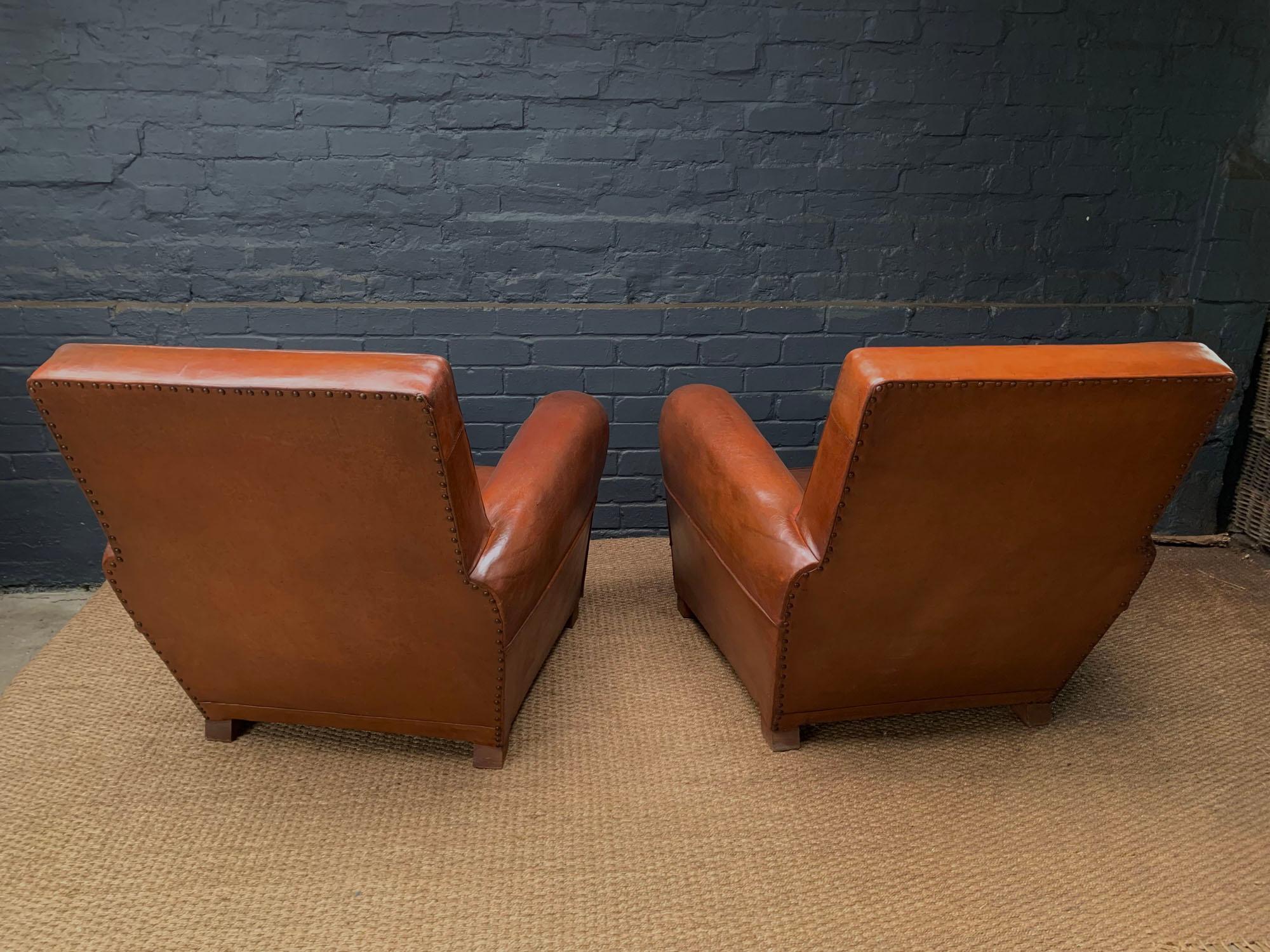 20th Century Pair of French Square back Leather Club Chairs, circa 1920