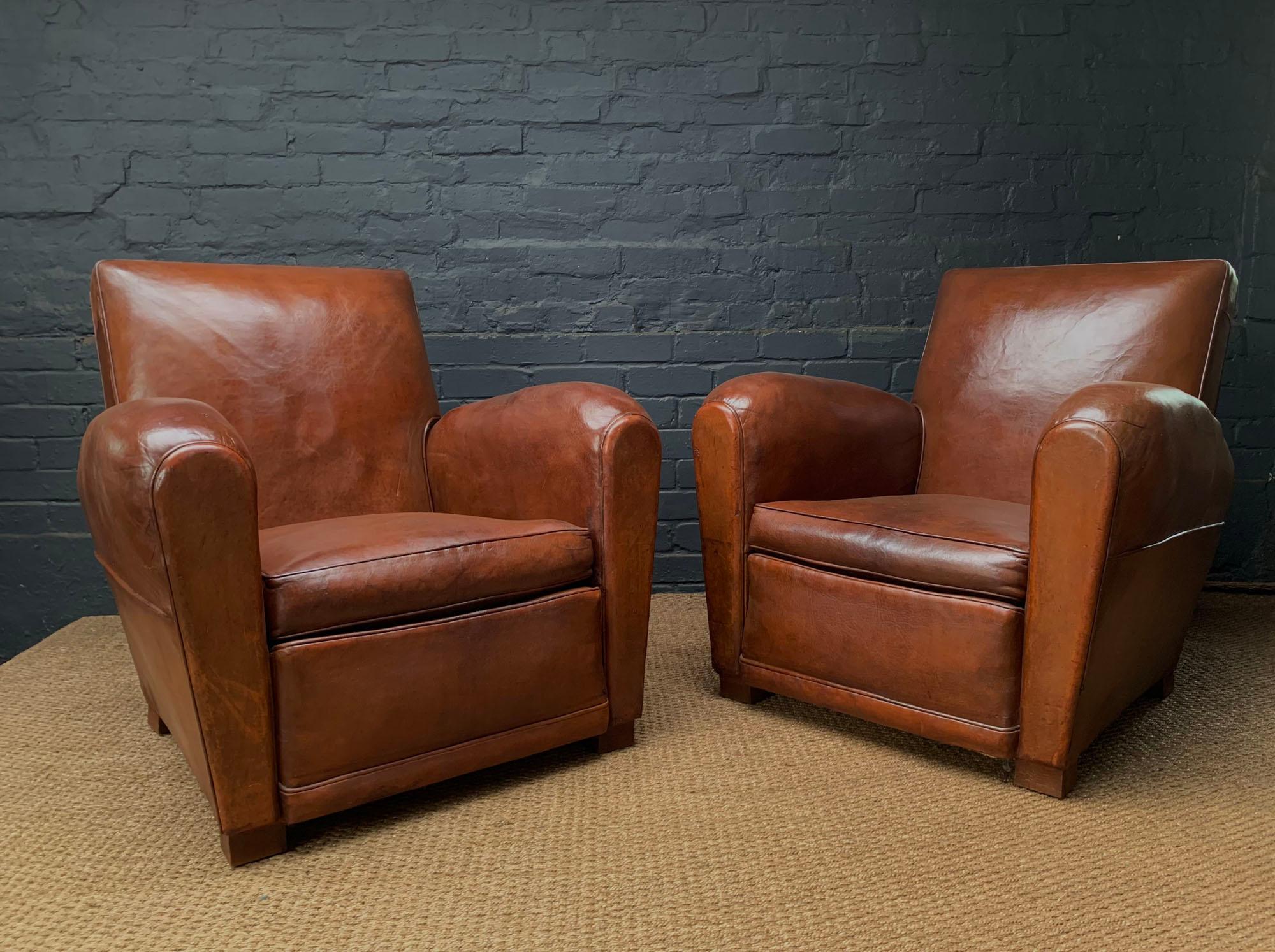 Pair of French Square back Leather Club Chairs, circa 1920 1