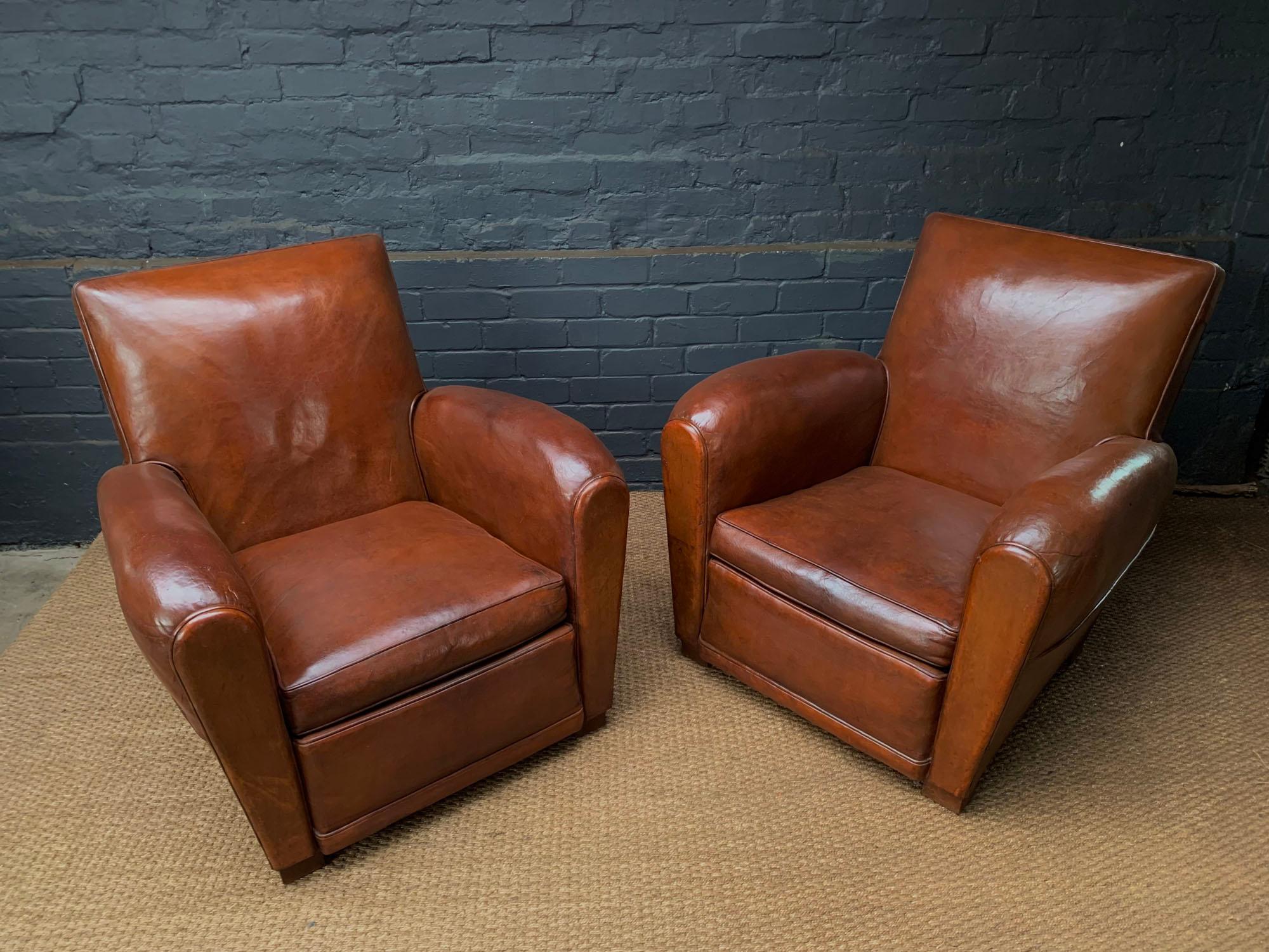 Pair of French Square back Leather Club Chairs, circa 1920 2