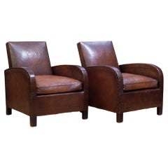 Antique Pair of French Square Back Leather Club Chairs, c.1940