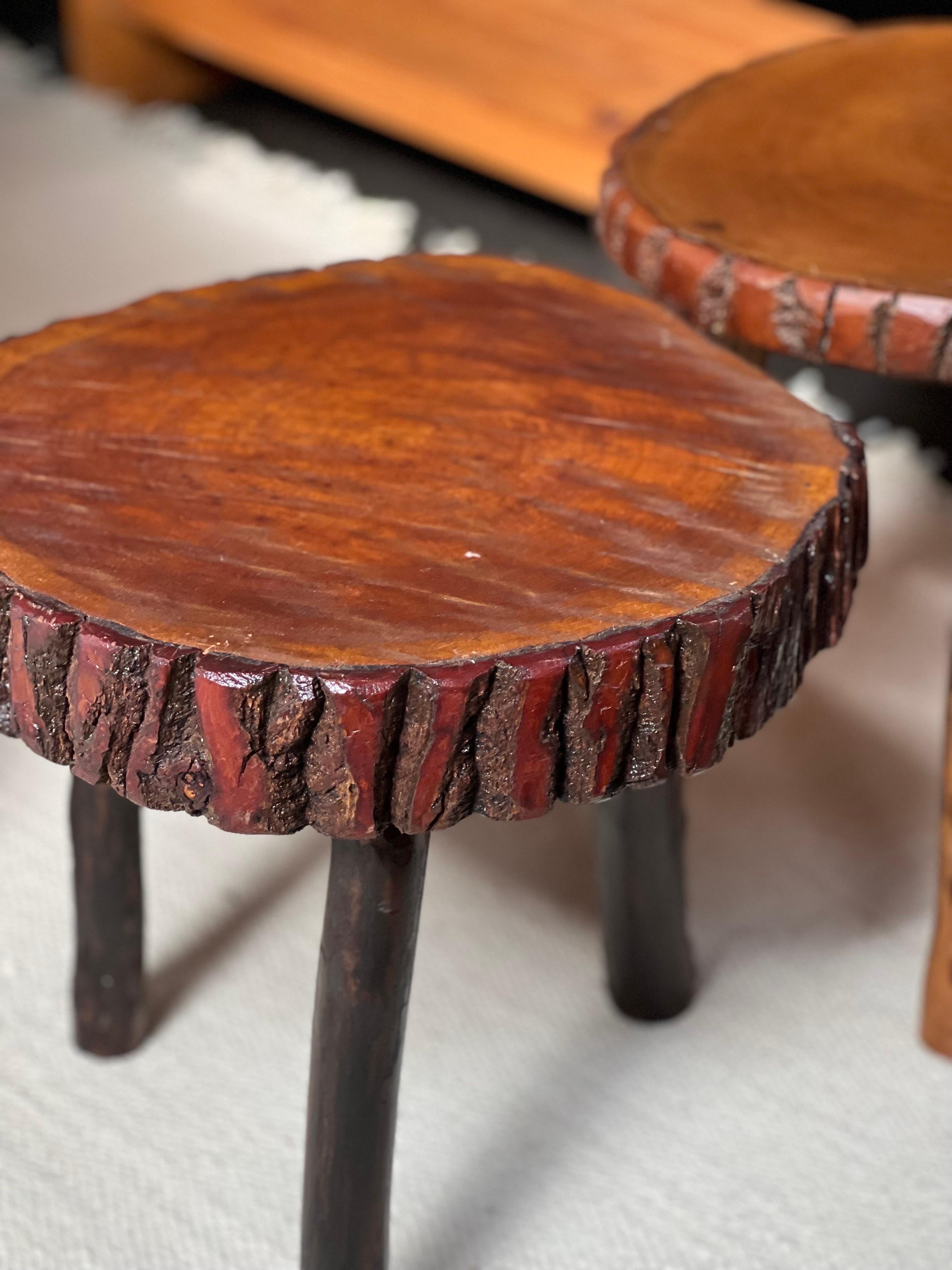 Hand-Crafted Pair of French Stained Wooden Stool with circa 1950 Brutalist For Sale