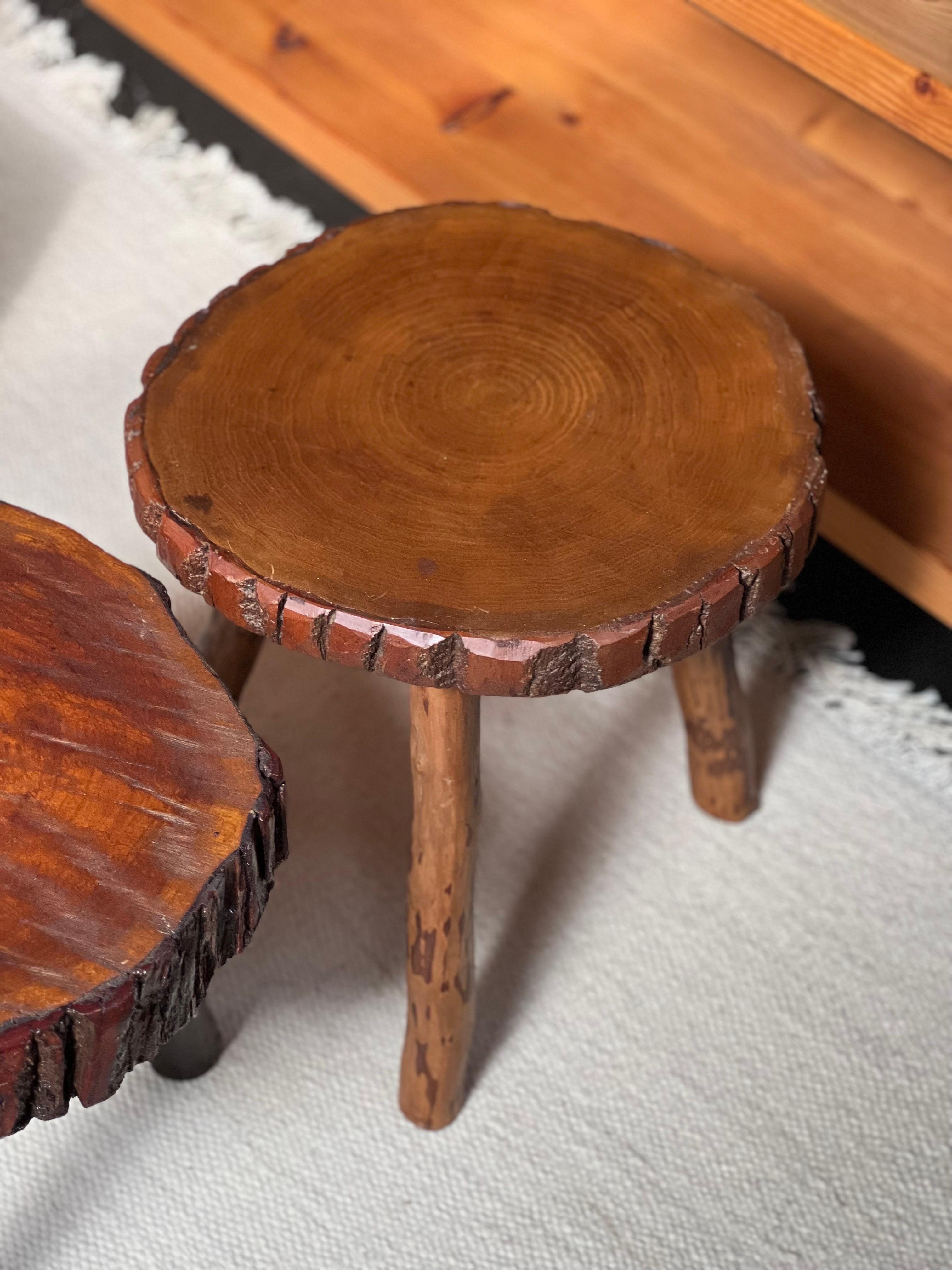 Pair of French Stained Wooden Stool with circa 1950 Brutalist For Sale 1