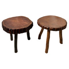 Pair of French Stained Wooden Stool with circa 1950 Brutalist