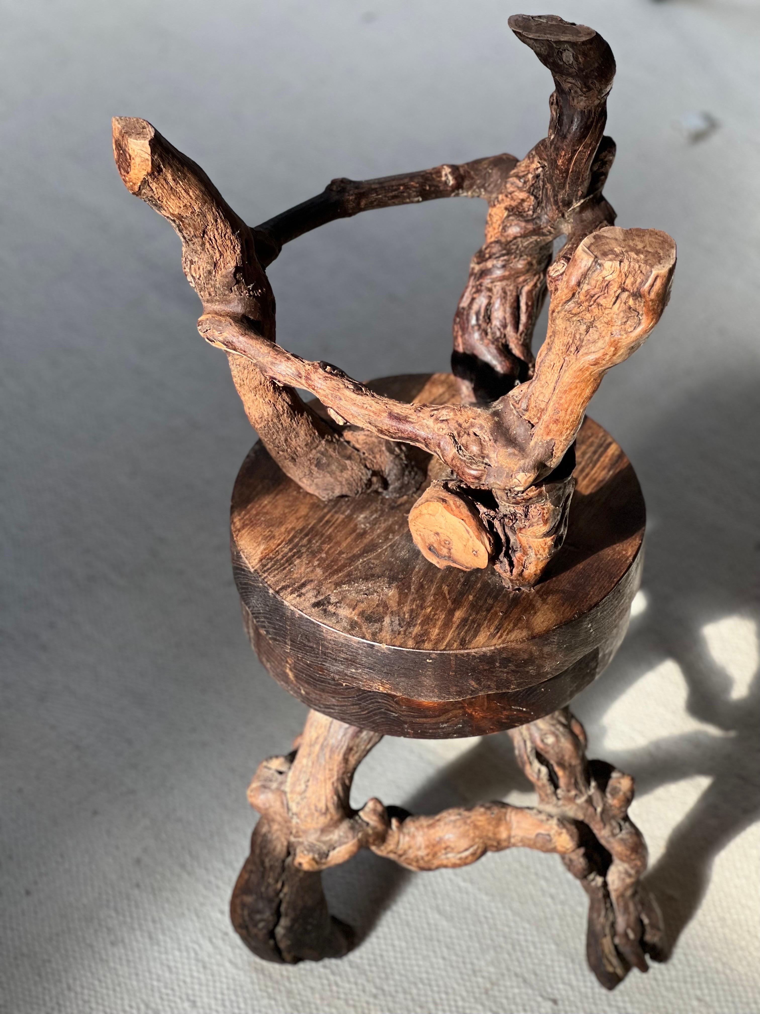 Hand-Crafted Pair of French Stained Wooden Stool with vine roots circa 1950 Brutalist