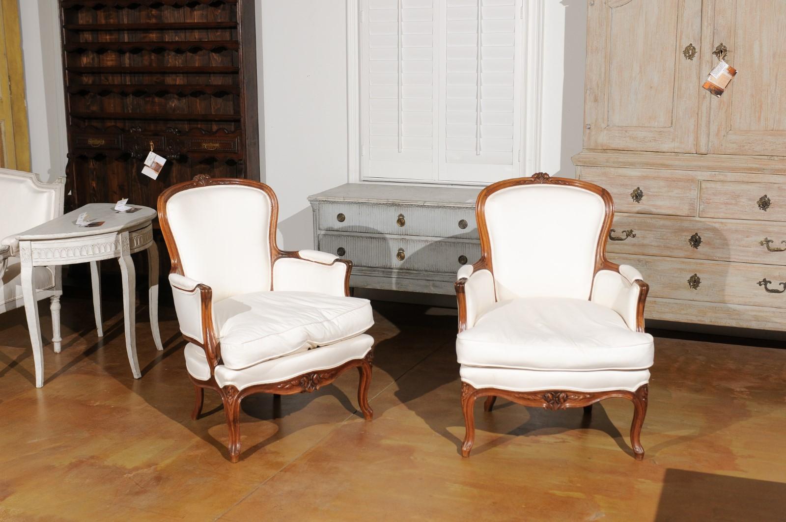 Pair of French Stamped Louis XV Style 19th Century Upholstered Walnut Armchairs In Good Condition In Atlanta, GA