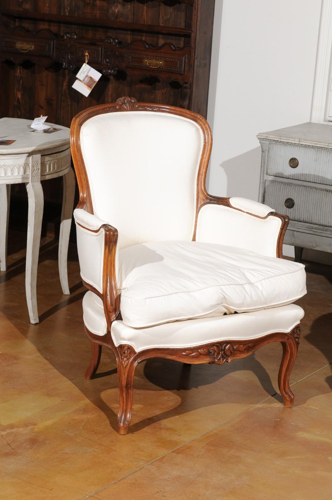 Upholstery Pair of French Stamped Louis XV Style 19th Century Upholstered Walnut Armchairs