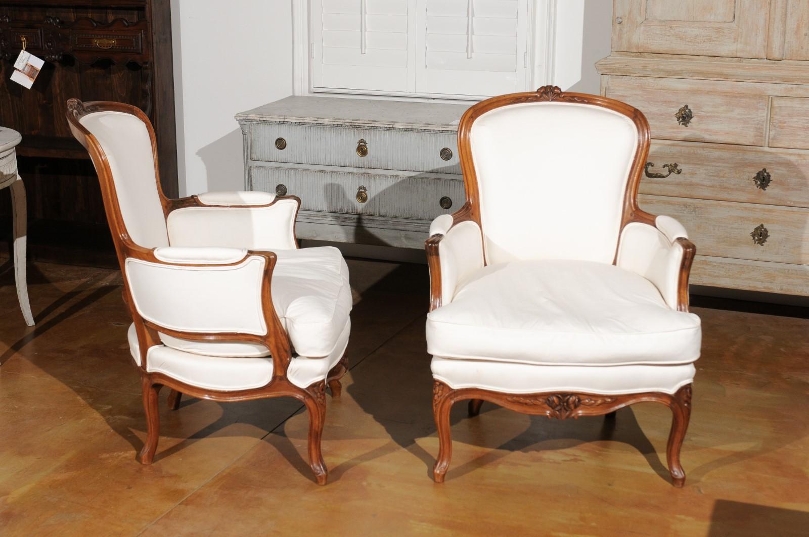Pair of French Stamped Louis XV Style 19th Century Upholstered Walnut Armchairs 1