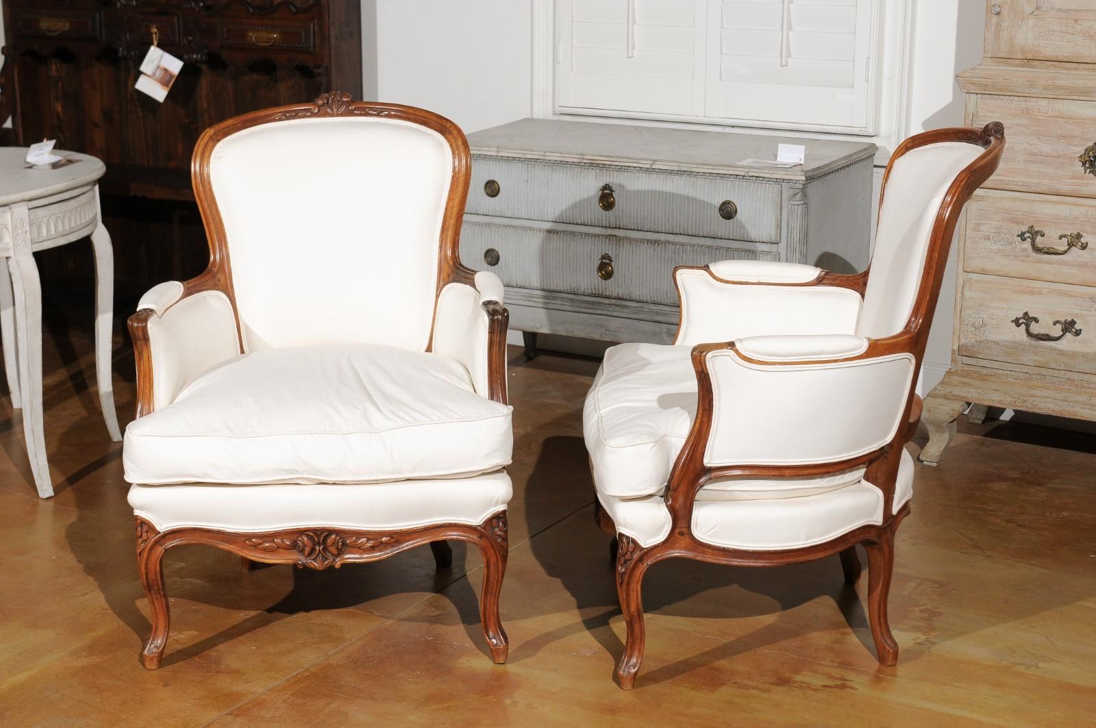 Pair of French Stamped Louis XV Style 19th Century Upholstered Walnut Armchairs 4