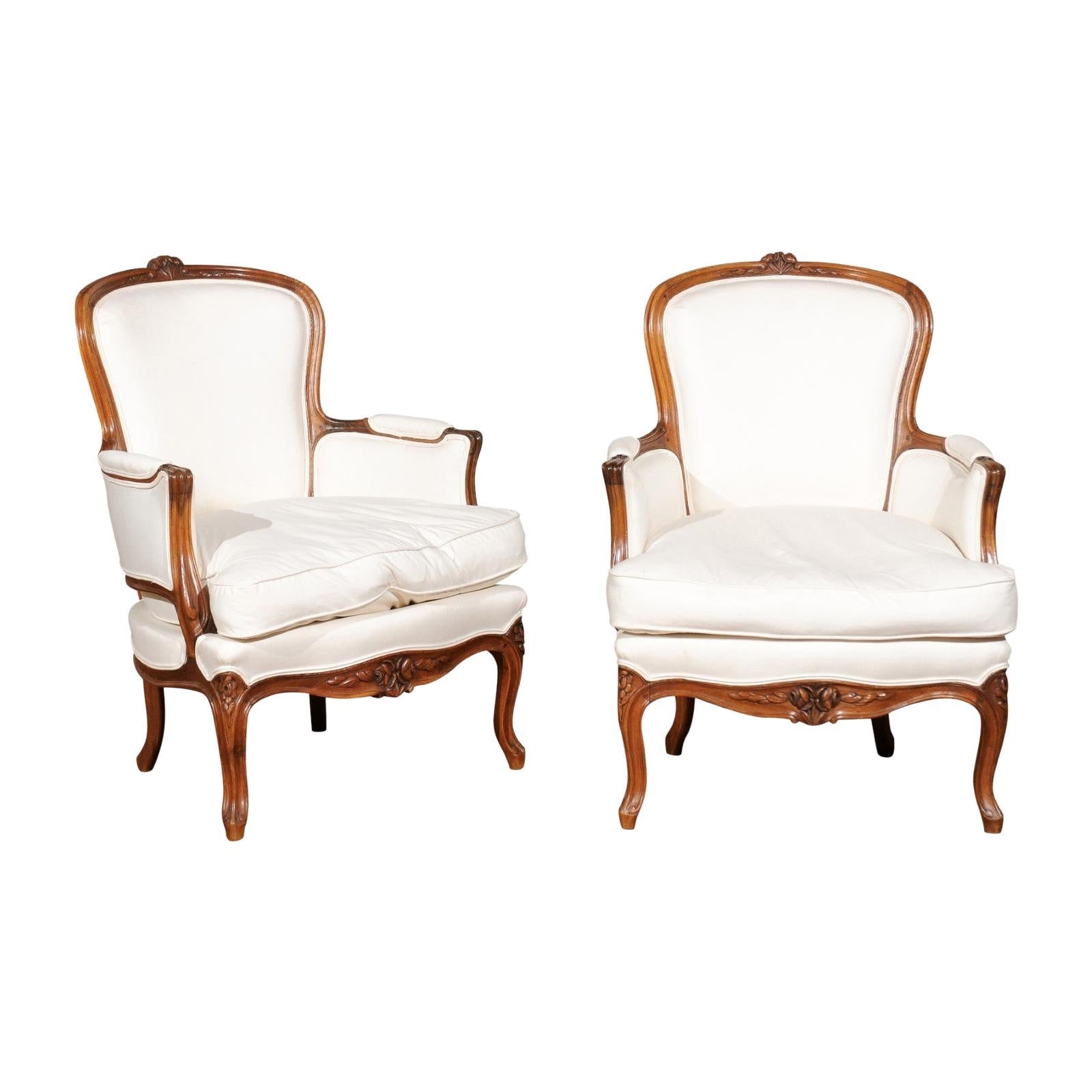 Pair of French Stamped Louis XV Style 19th Century Upholstered Walnut Armchairs