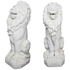 Pair of French Statuary Marble Garden Lions