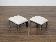 Pair of French Steel and Brass Footstools with Custom Linen Upholstery