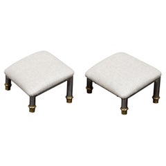 Pair of French Steel and Brass Footstools with Custom Linen Upholstery