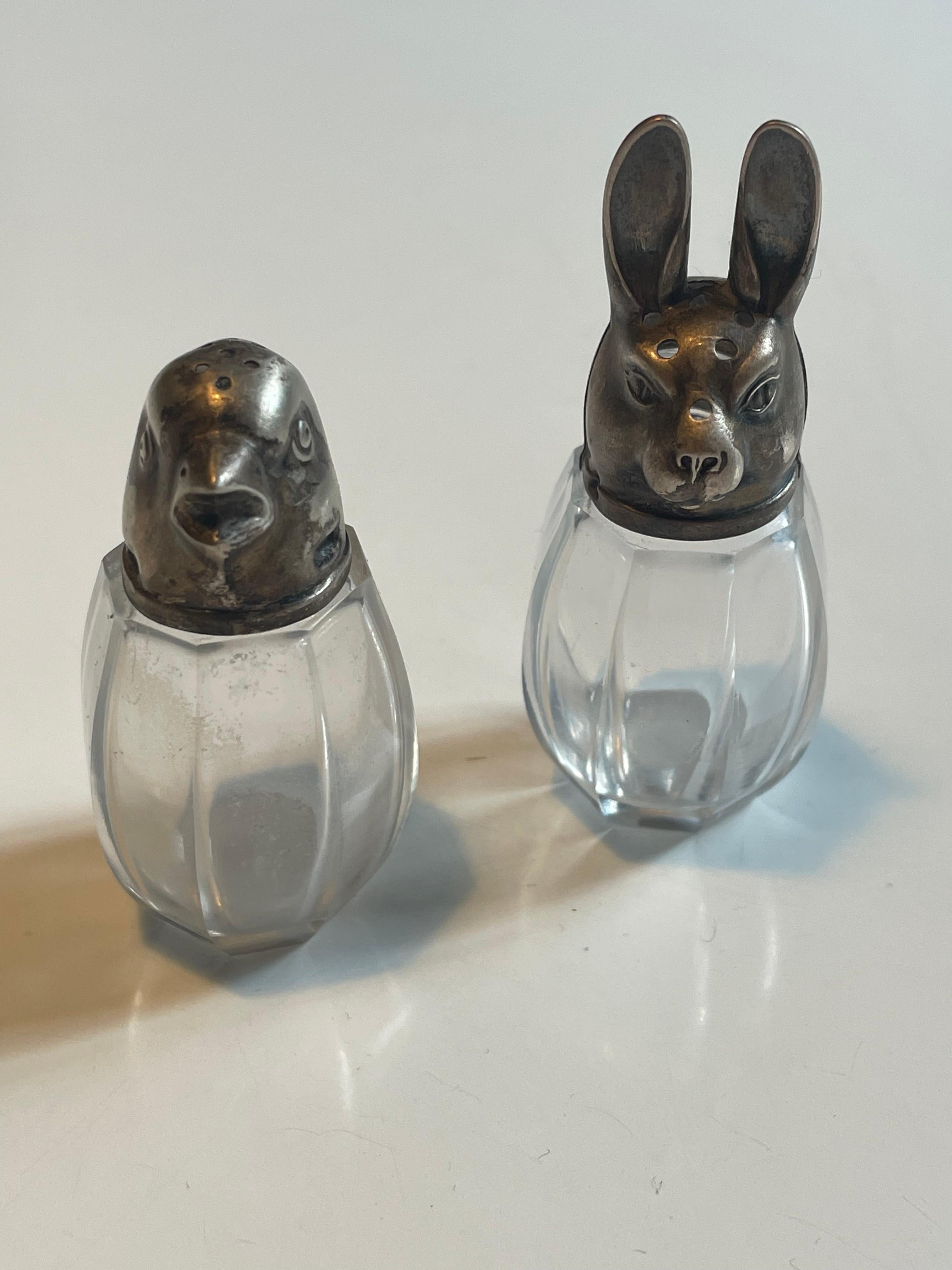 Art Deco Pair of French Sterling Silver and Crystal Glass Salt & Pepper Shakers, 1920s