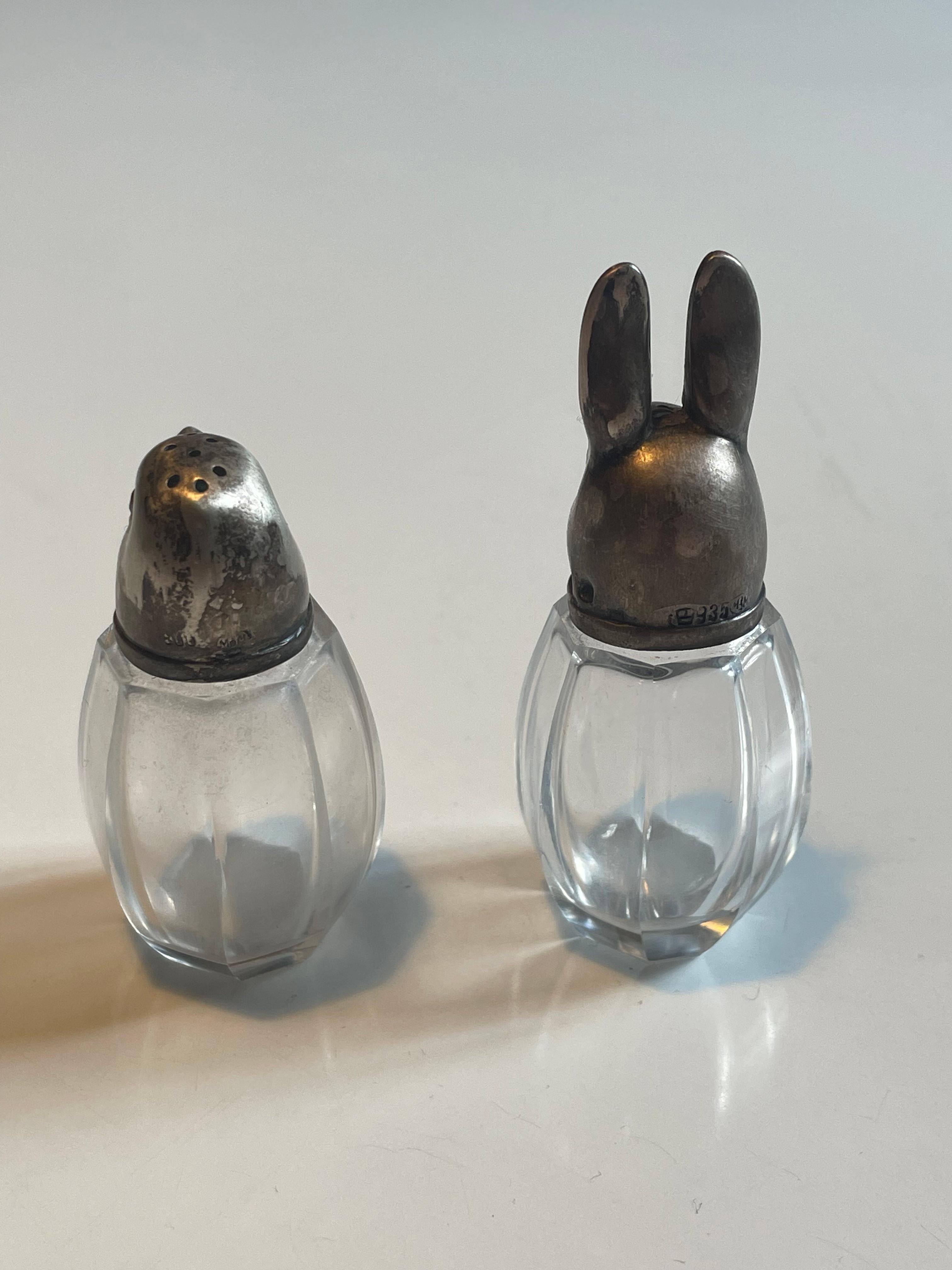 Pair of French Sterling Silver and Crystal Glass Salt & Pepper Shakers, 1920s 1