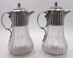 Pair of French Sterling Silver and Cut Glass Carafes/ Pitchers Late 19th Century