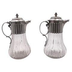 Pair of French Sterling Silver and Cut Glass Carafes/ Pitchers Late 19th Century