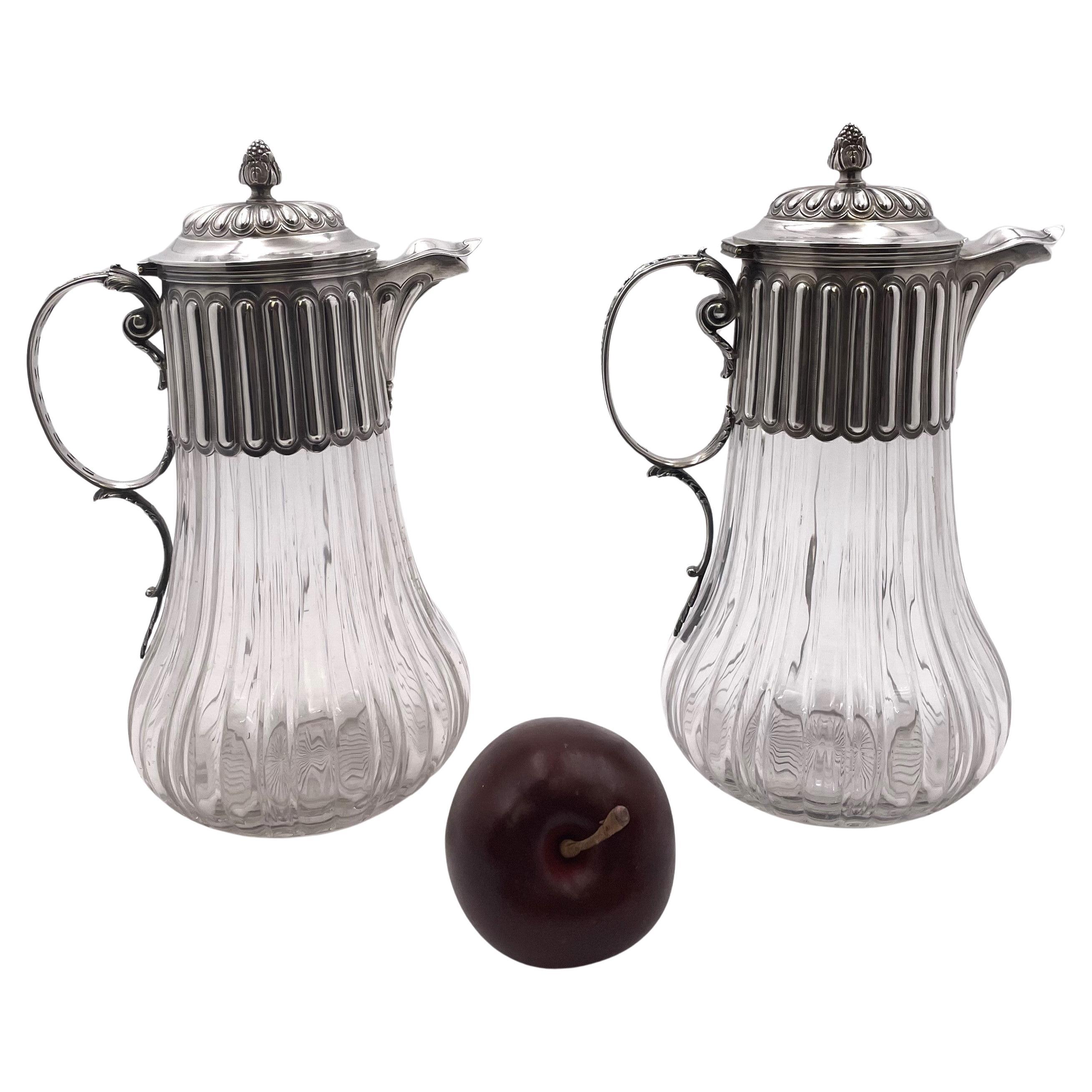 Pair of French Sterling Silver and Cut Glass Carafes/ Pitchers Late 19th Century