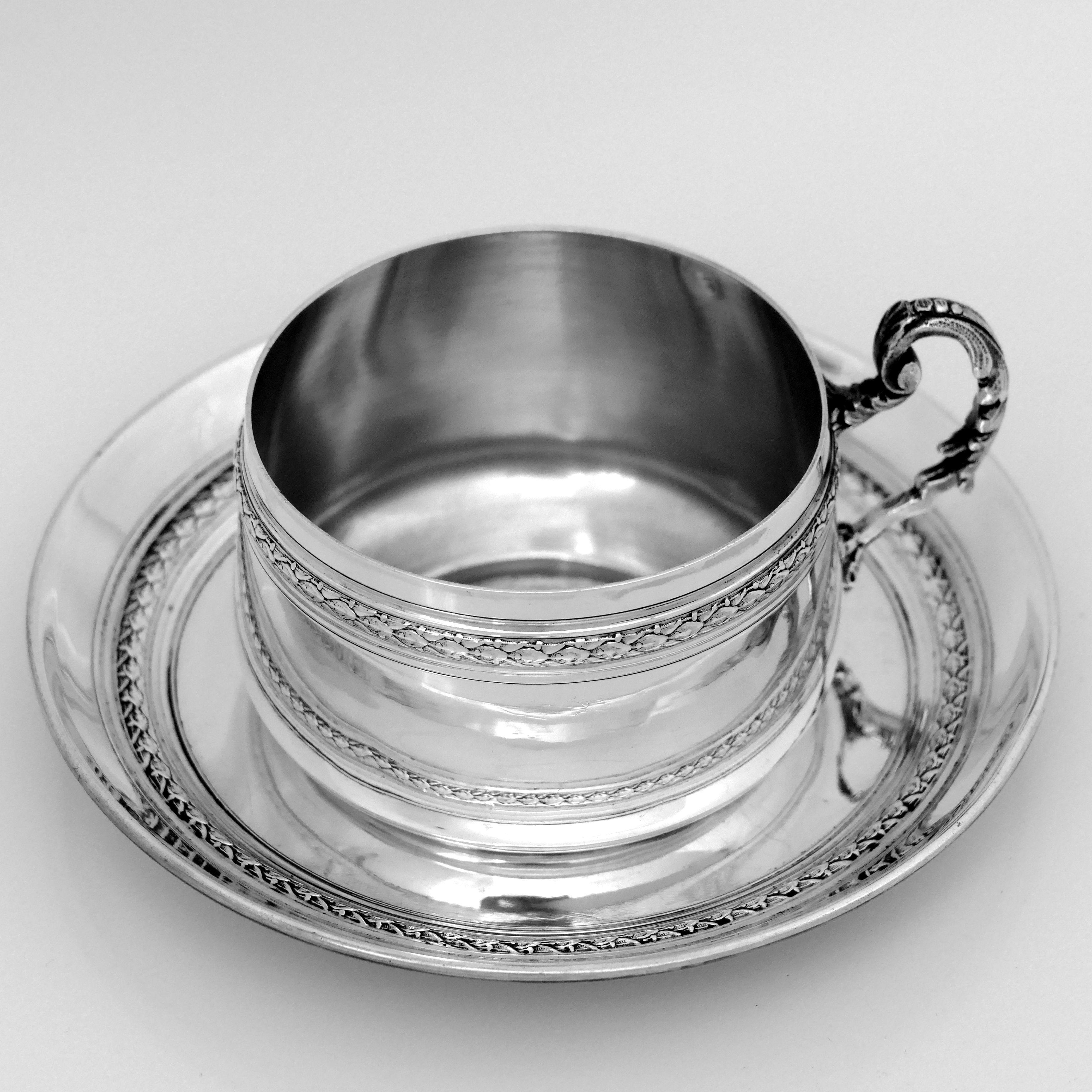 Pair of French Sterling Silver Coffee Tea Cups and Saucers, Neoclassical For Sale 6