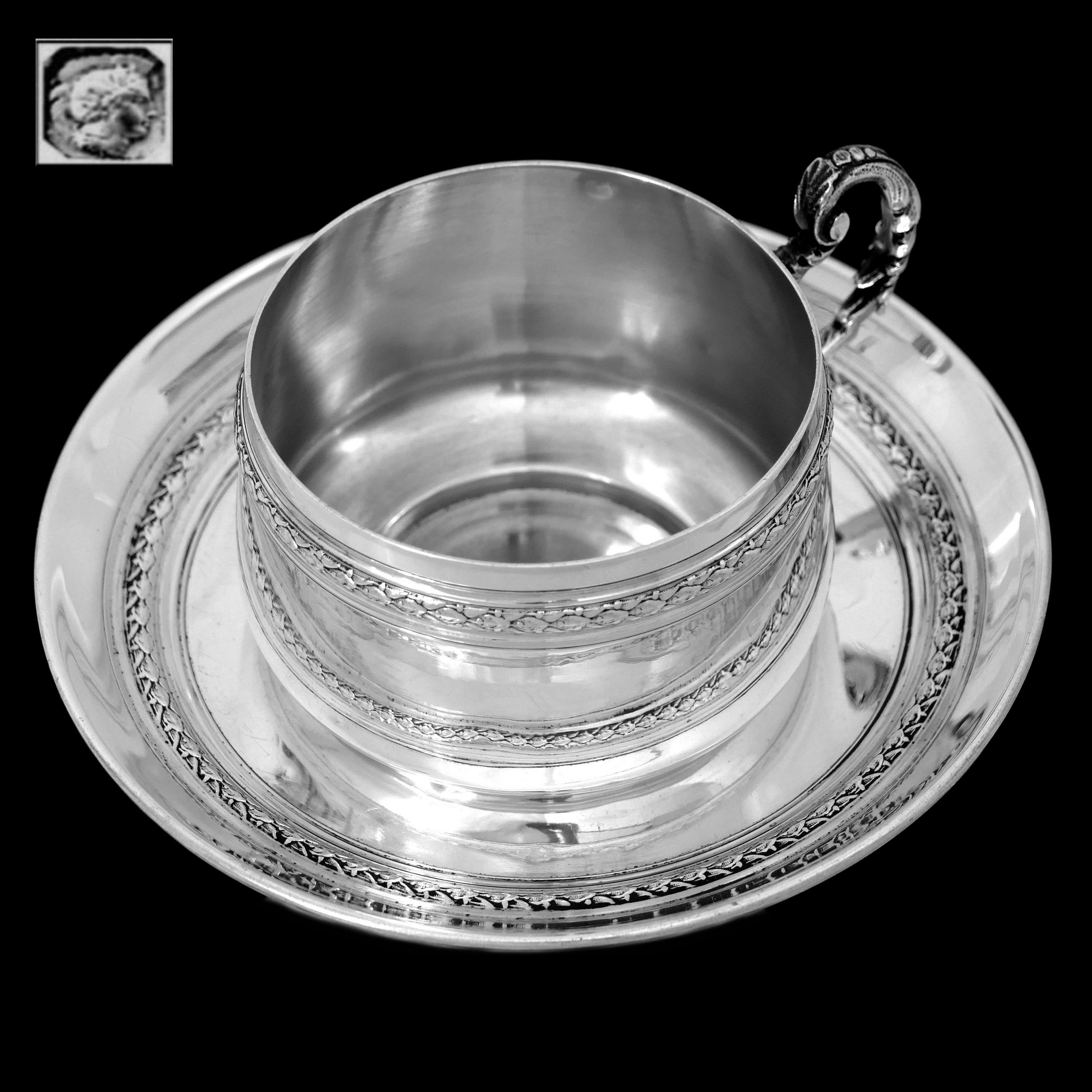 Pair of French Sterling Silver Coffee Tea Cups and Saucers, Neoclassical For Sale 7