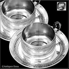 Pair of French Sterling Silver Coffee Tea Cups and Saucers, Neoclassical