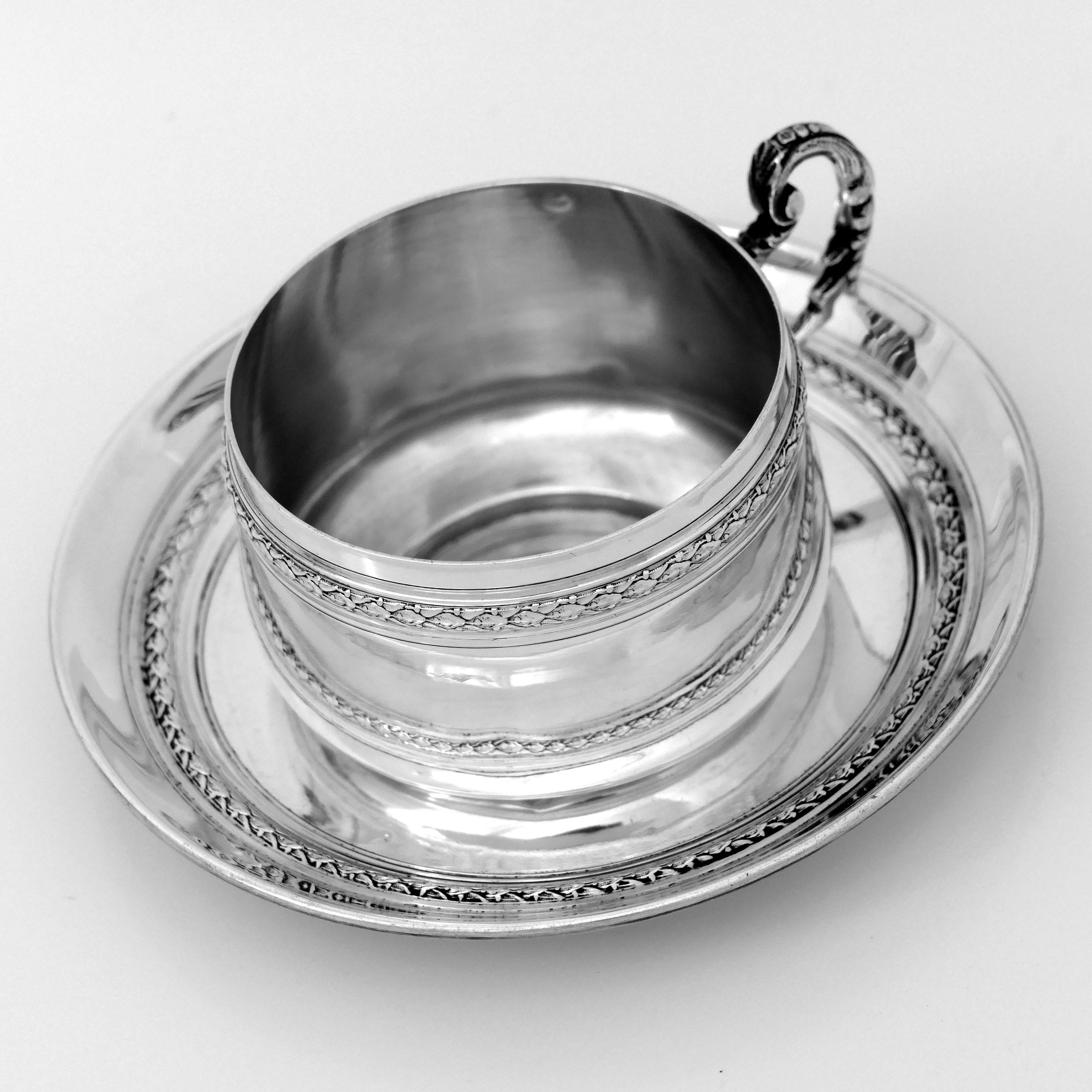 Pair of French Sterling Silver Coffee Tea Cups and Saucers, Neoclassical For Sale 2