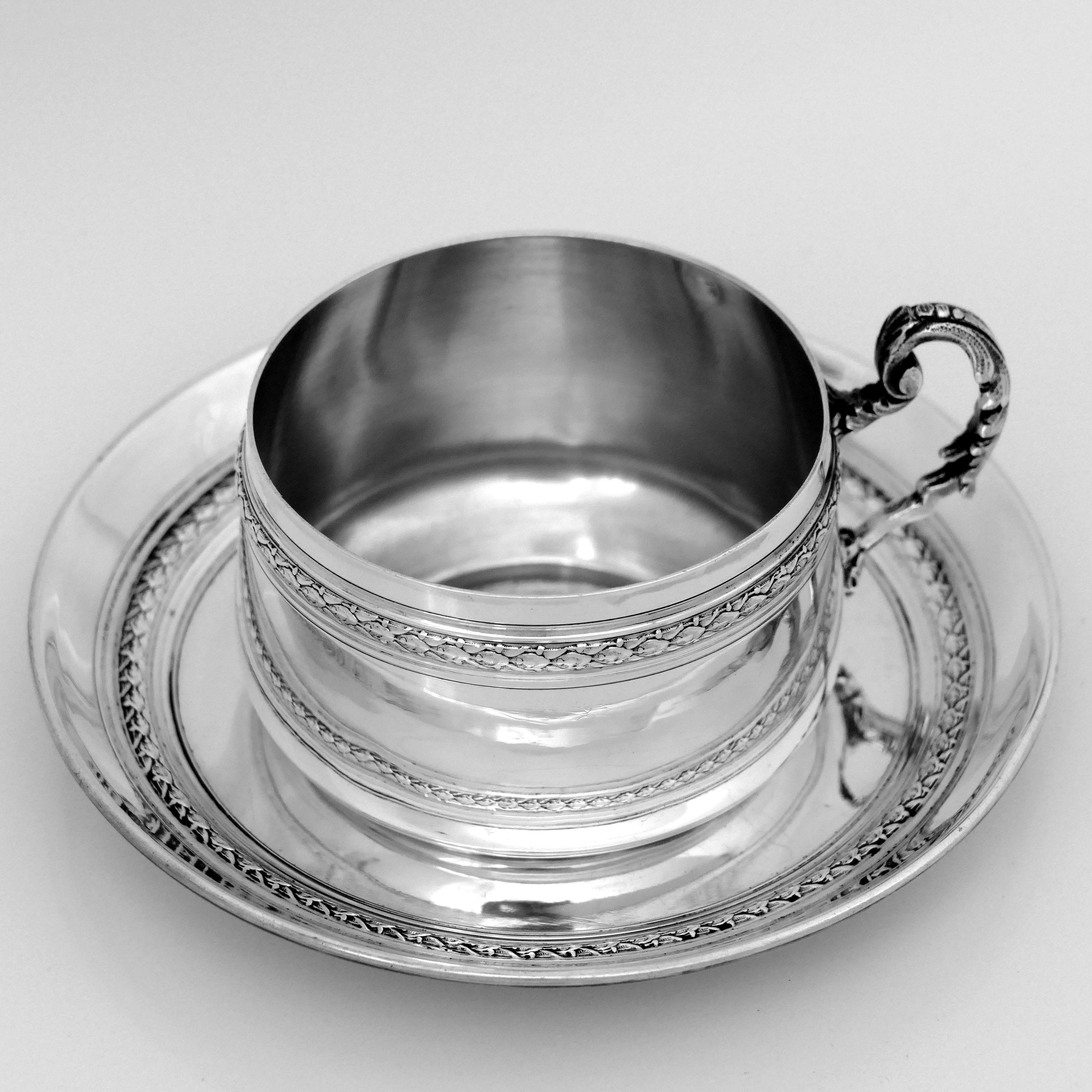 Pair of French Sterling Silver Coffee Tea Cups and Saucers, Neoclassical For Sale 4