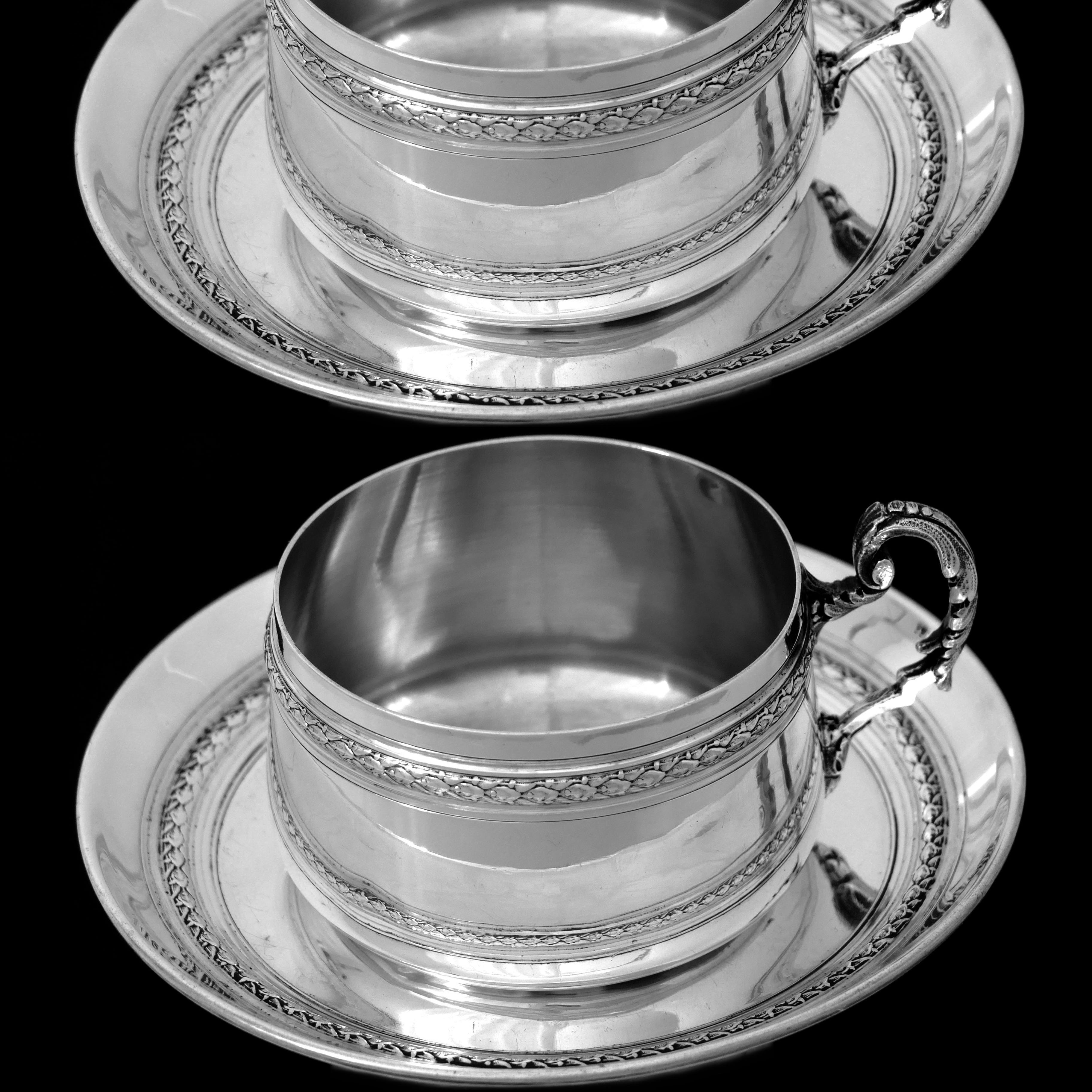 Pair of French Sterling Silver Coffee Tea Cups and Saucers, Neoclassical For Sale 5