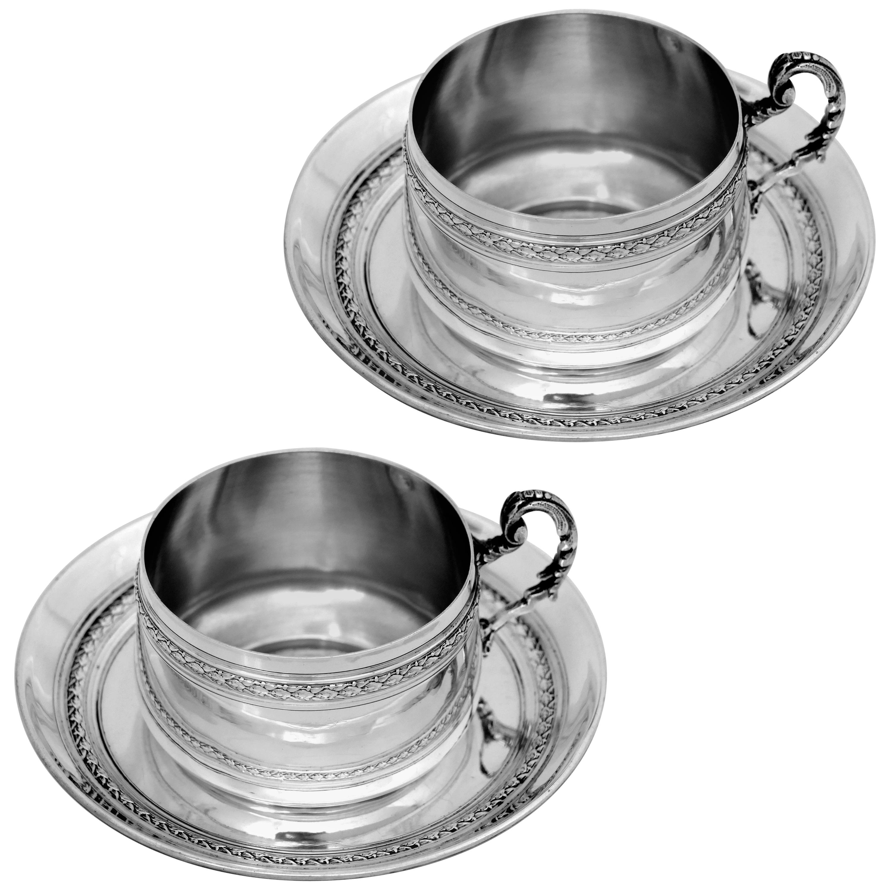 Pair of French Sterling Silver Coffee Tea Cups and Saucers, Neoclassical For Sale