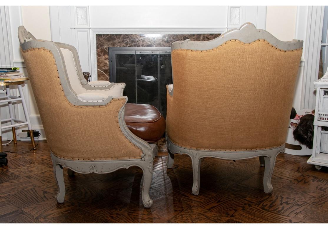 Pair of French Style Bergeres with Leather Seats For Sale 4