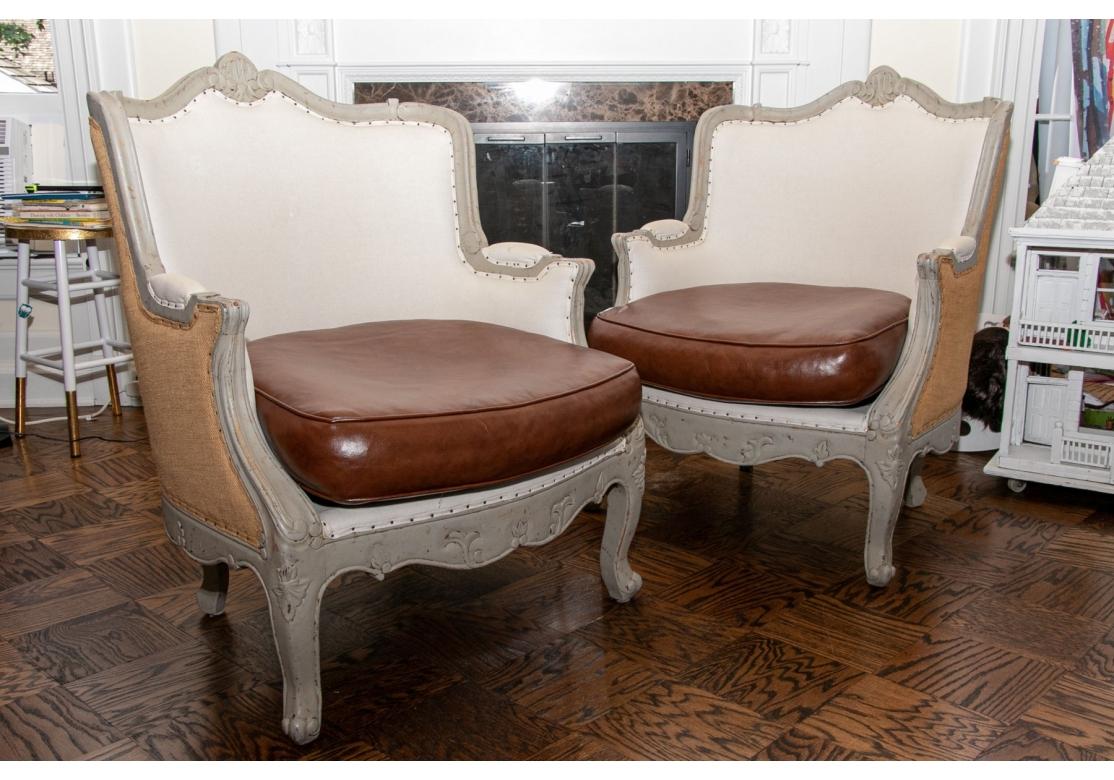 20th Century Pair of French Style Bergeres with Leather Seats For Sale