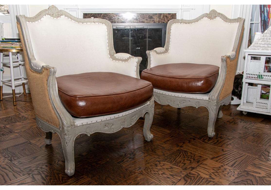 Burlap Pair of French Style Bergeres with Leather Seats For Sale