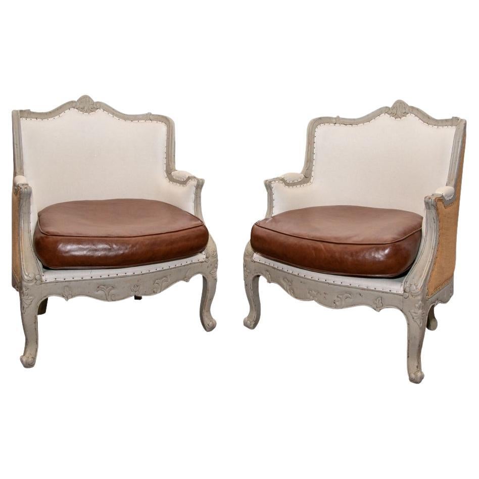 Pair of French Style Bergeres with Leather Seats For Sale