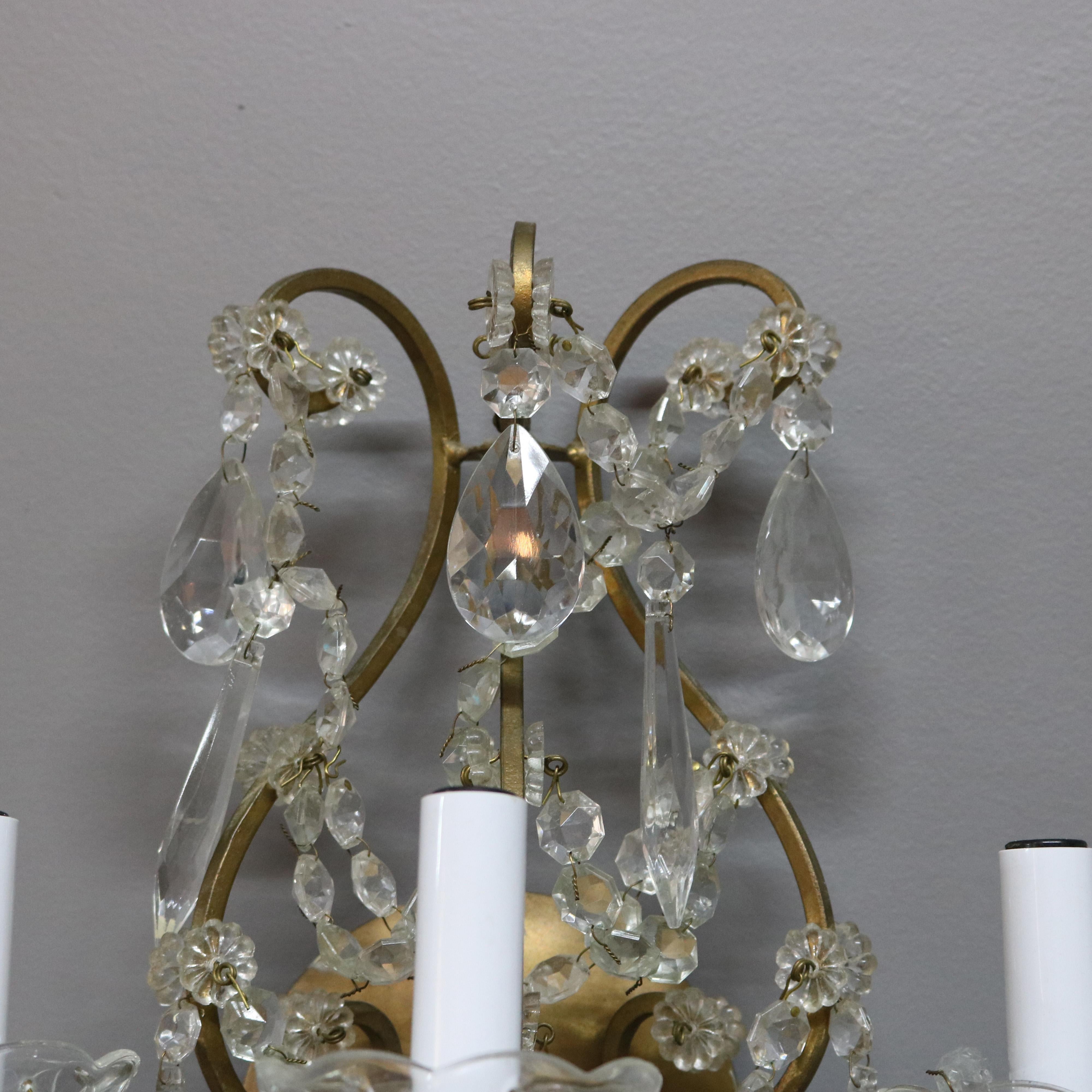 Pair of French Style Brass and Crystal Wall Sconces, circa 1940 In Good Condition In Big Flats, NY