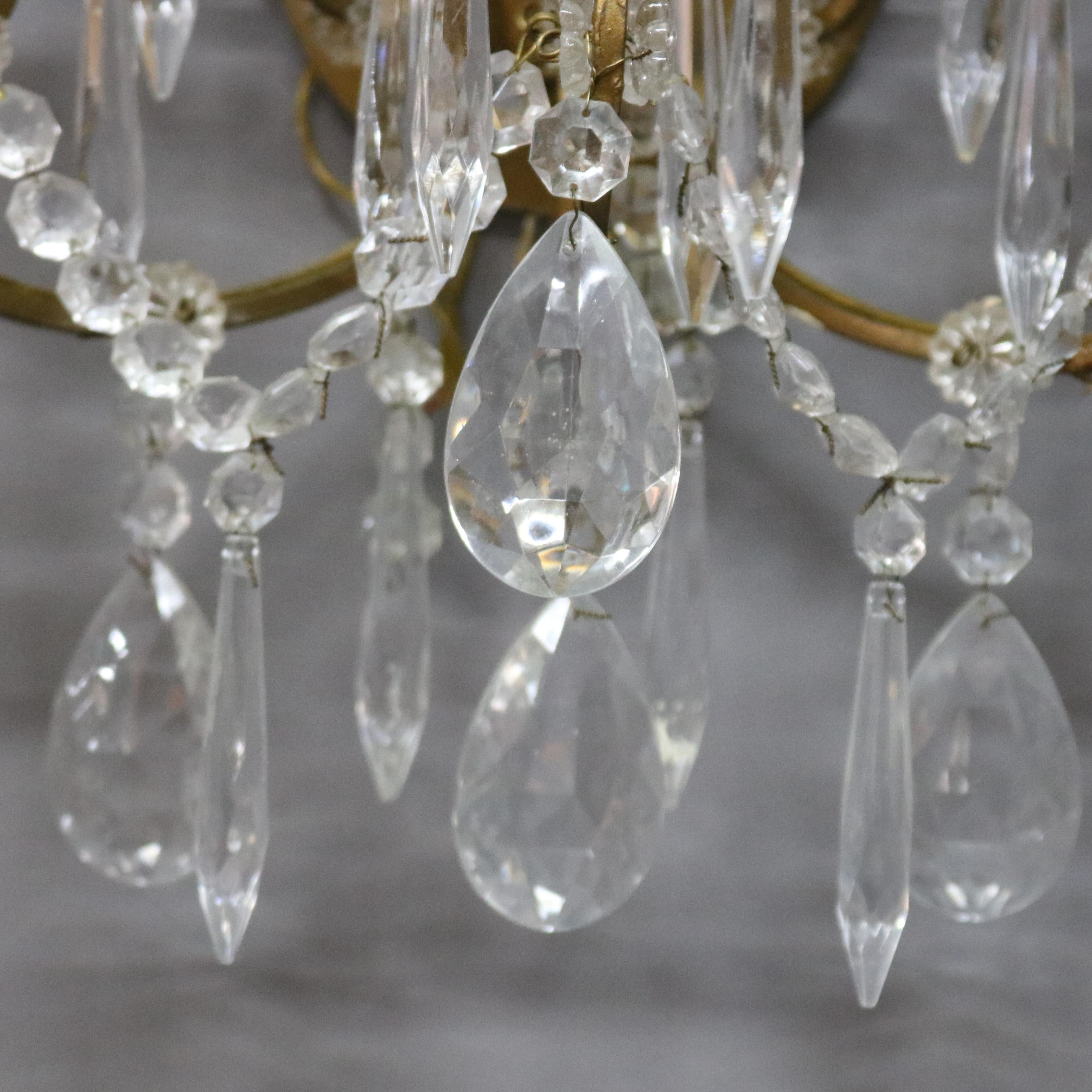 20th Century Pair of French Style Brass and Crystal Wall Sconces, circa 1940