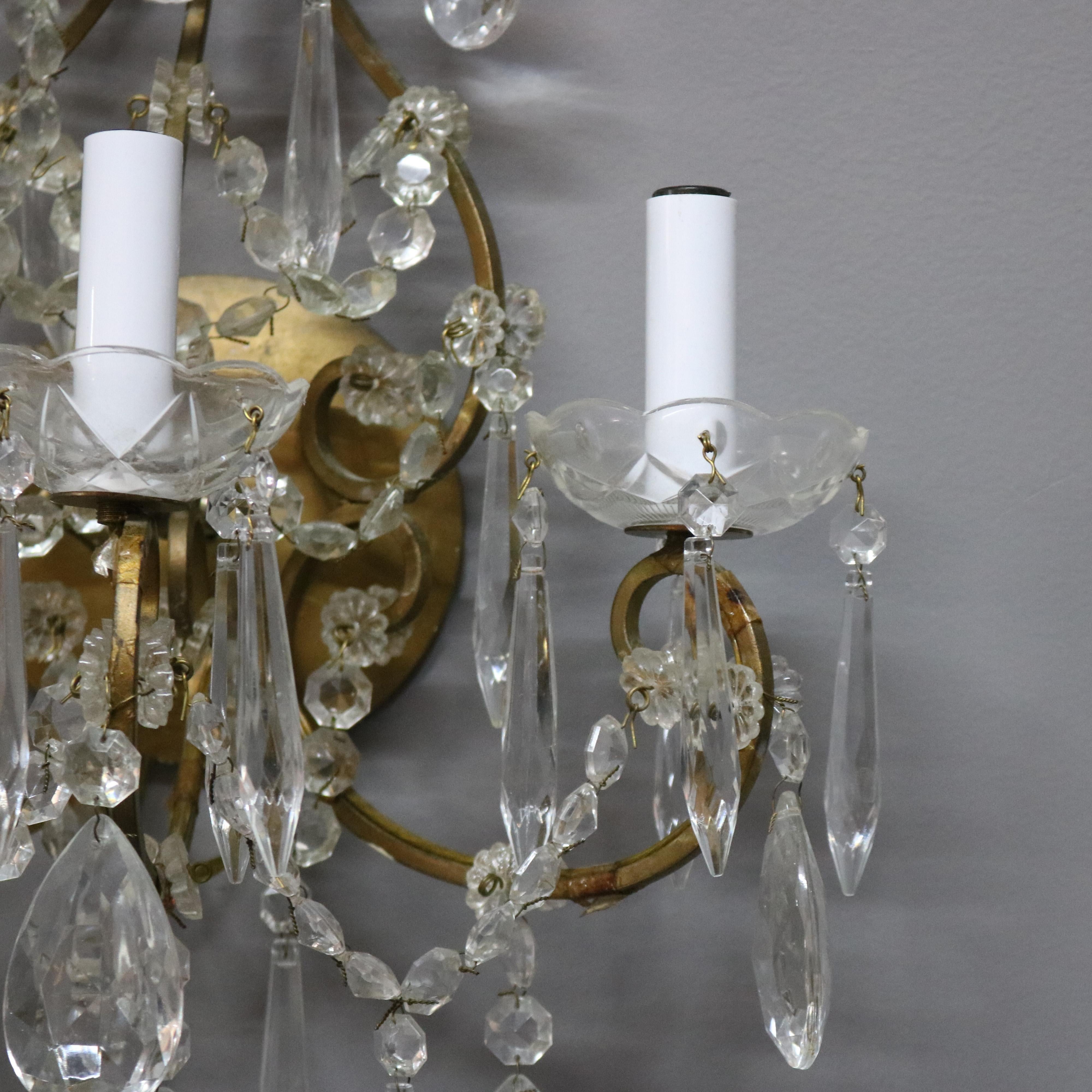 Pair of French Style Brass and Crystal Wall Sconces, circa 1940 1