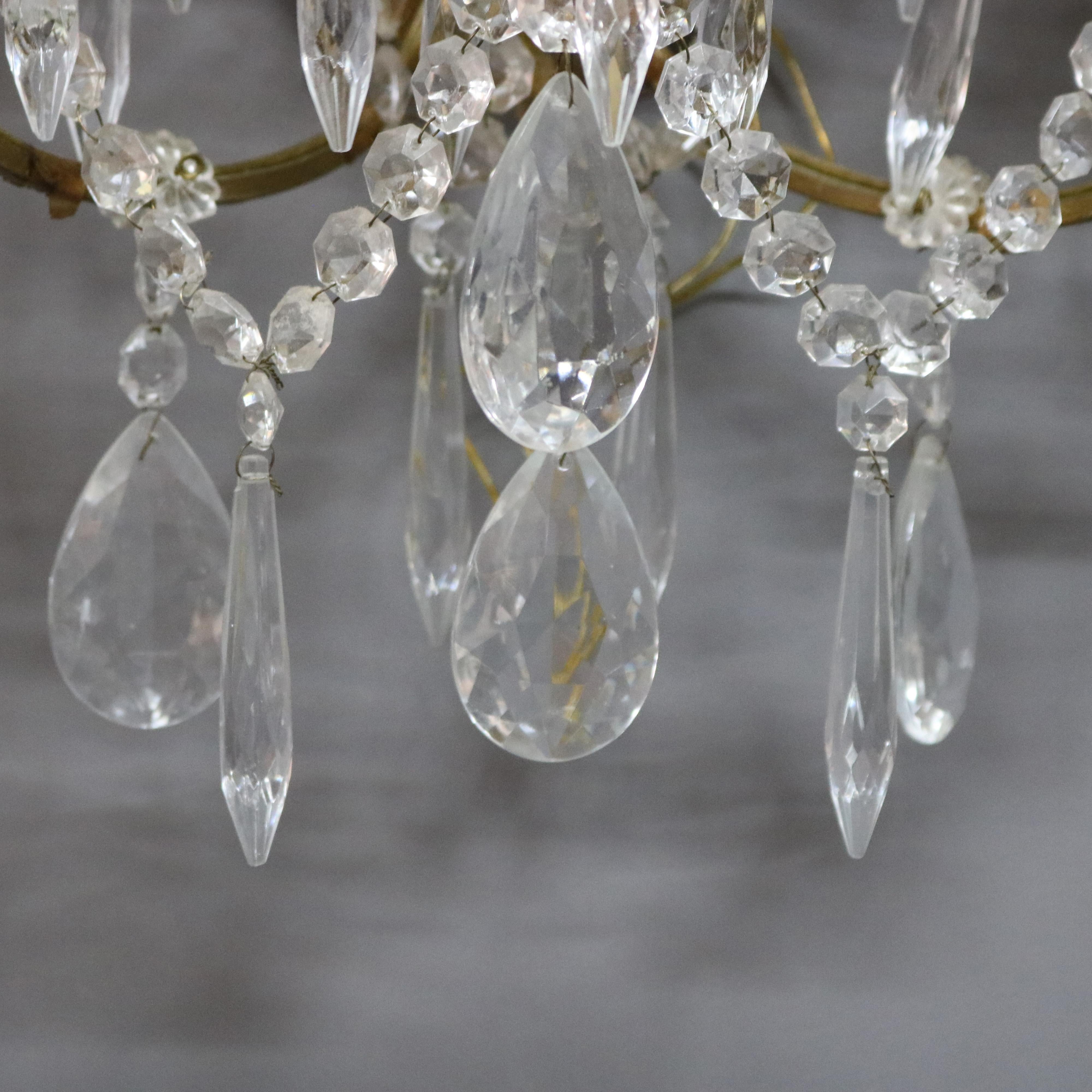 Pair of French Style Brass and Crystal Wall Sconces, circa 1940 4