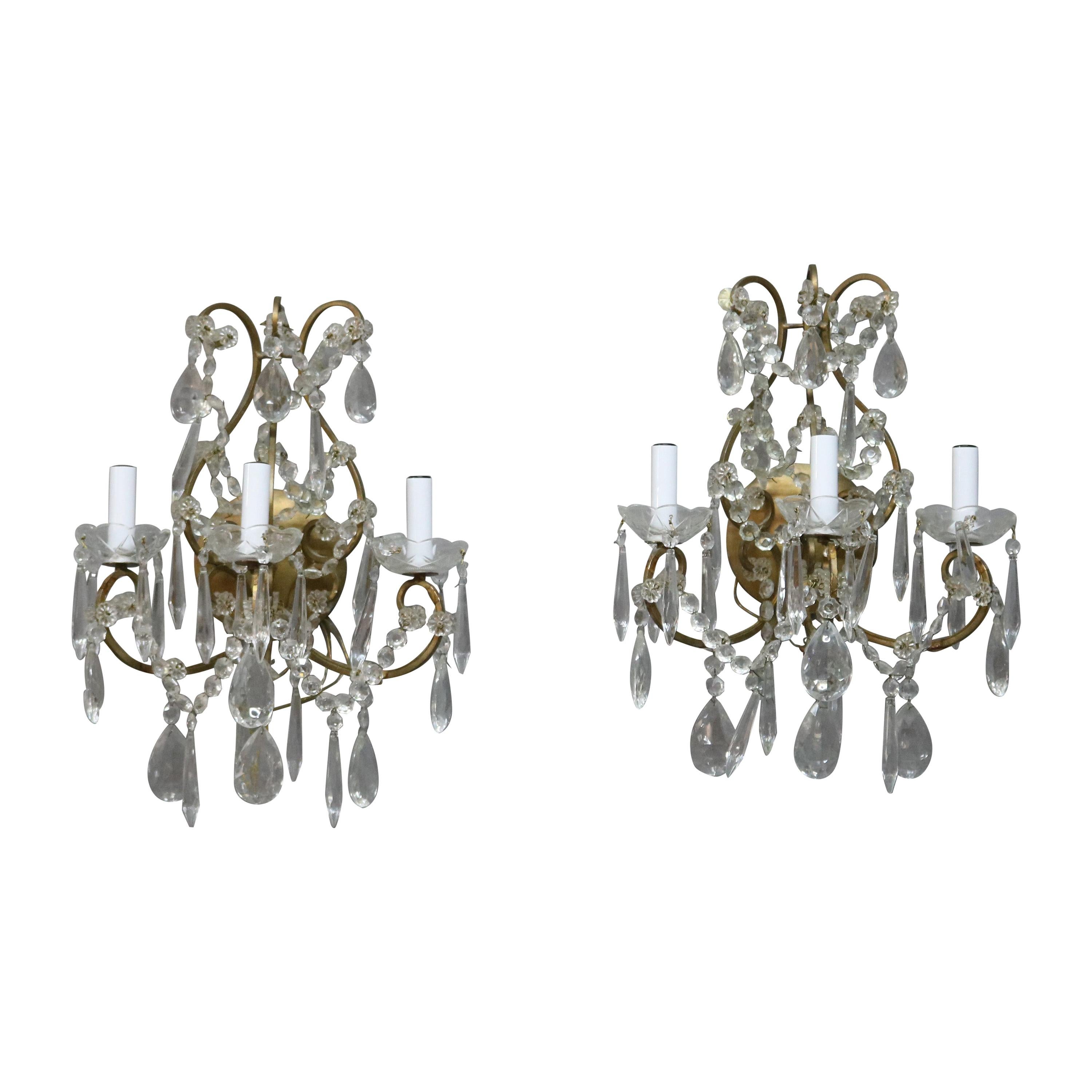 Pair of French Style Brass and Crystal Wall Sconces, circa 1940
