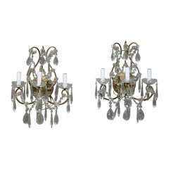 Pair of French Style Brass and Crystal Wall Sconces, circa 1940 Pair of French Style Brass and Crystal Wall Sconces, circa 1940