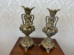 Pair of French Style Bronze Figural Candlesticks with Cherubs