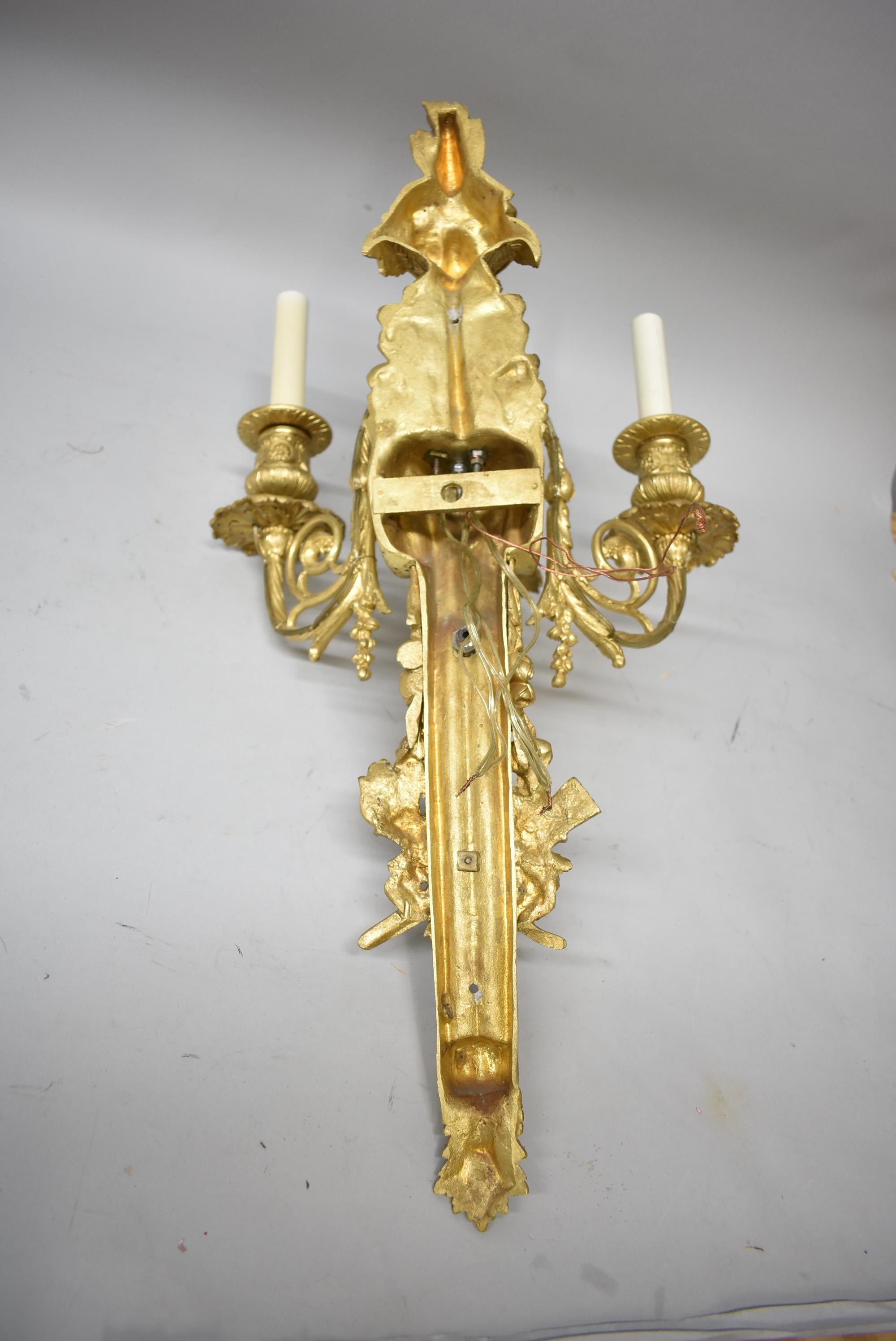20th Century Pair of French Style Bronze Three-Arm Gold Dore Sconces Fruit and Floral Details For Sale